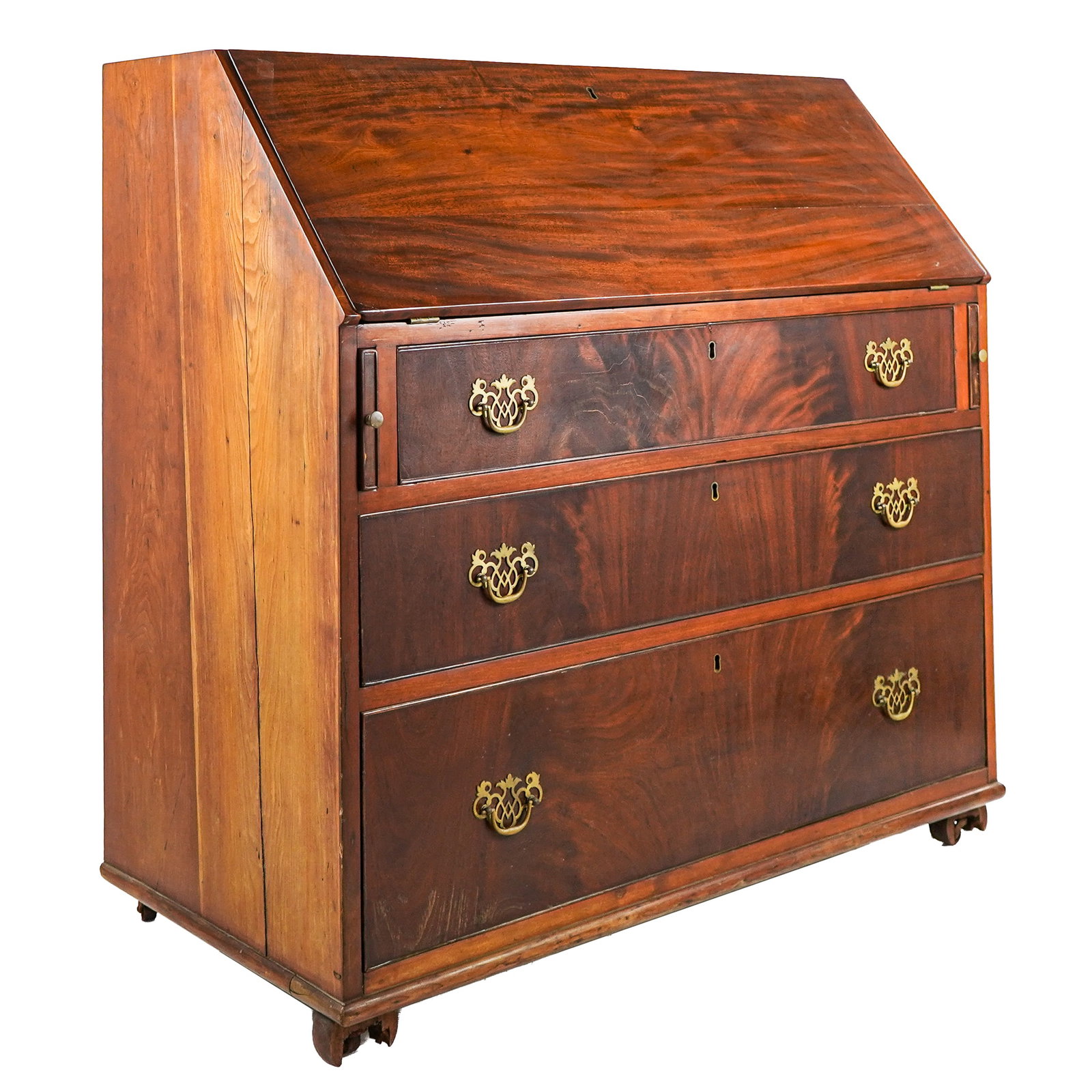 19th C Cherry and Mahogany Slant front Desk: 19th c Cherry and Mahogany slant front desk Cherry carcass, mahogany lid and drawer fronts. Lowered base. - 42 x 42 x 21"