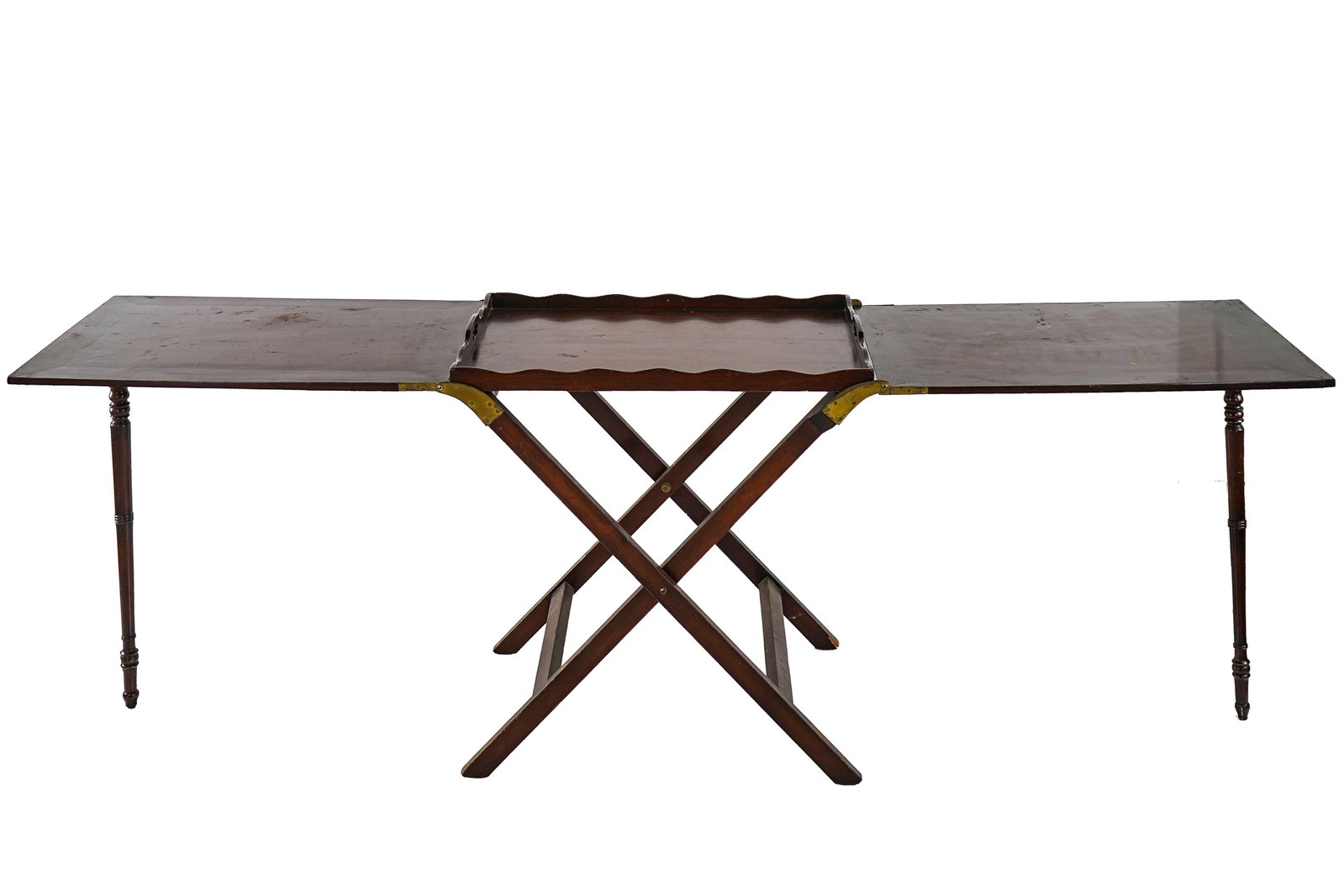 20th c English Mahogany Campaign Folding Table: Unusual brass reinforced English Mahogany folding campaign Table with handled tray and detachable legs.- Table folds down to 29 x 30 x 21" extends out to approx 88" fully extended with attached legs.