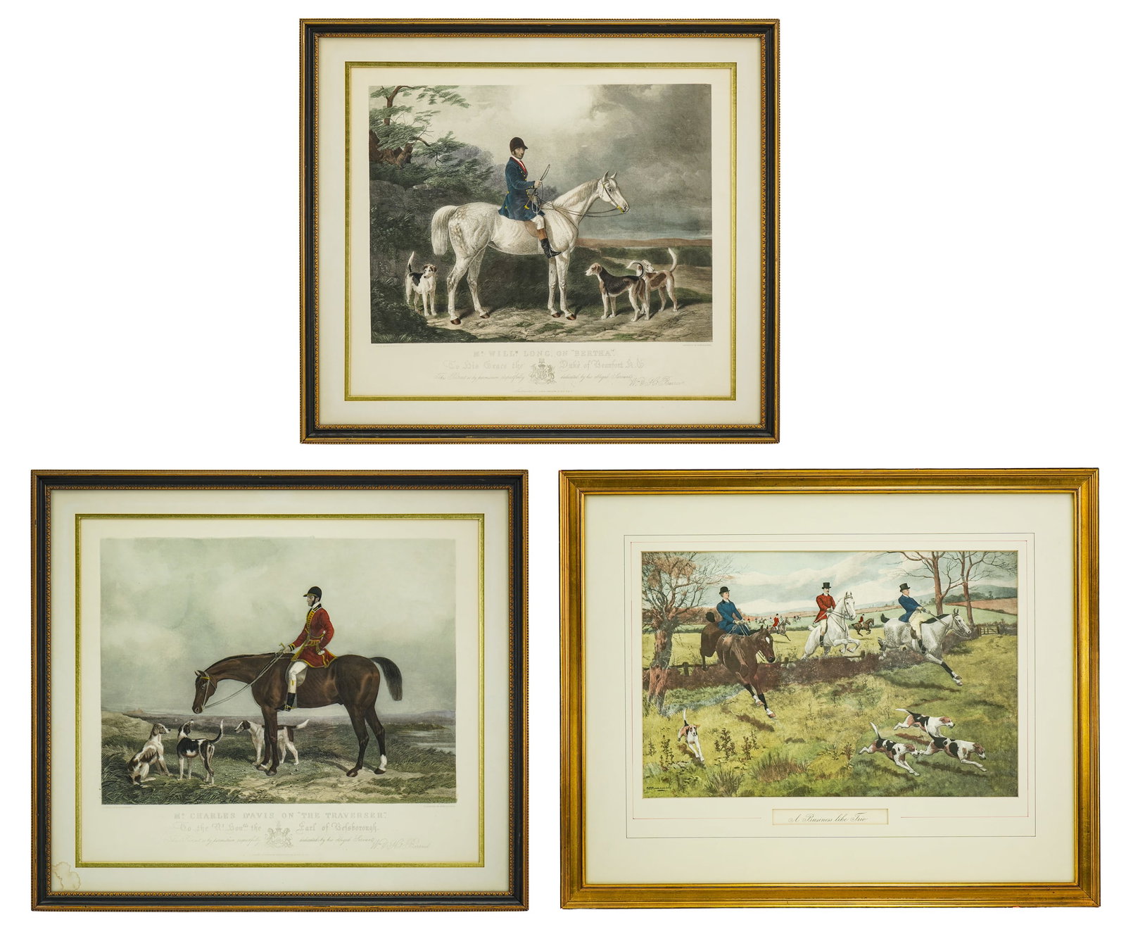 Three English Sporting Prints: Three nicely Framed English Sporting print re-strikes- Edw. Hacker "Will'm Long on Bertha" and "Mr. Charles Daves on the Traverser" 23.5 x 26.5" as framed. G D Rowlandson "A Businesslike Trio" Hand