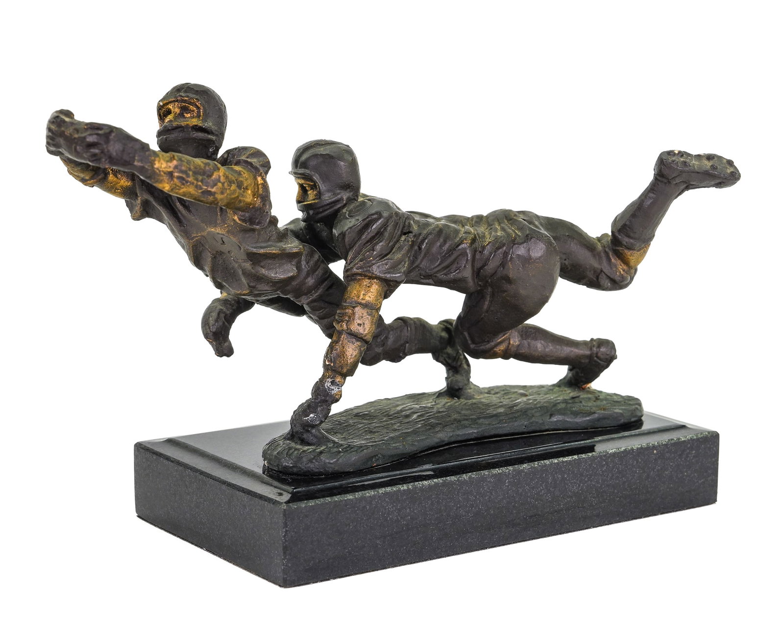 Paloma Football Players Bronze: Paloma signed bronze of football players with Brett Favre (Green Bay Packers) making a tackle, signed Paloma in the bronze, length 9", ht with base 5 3/4"