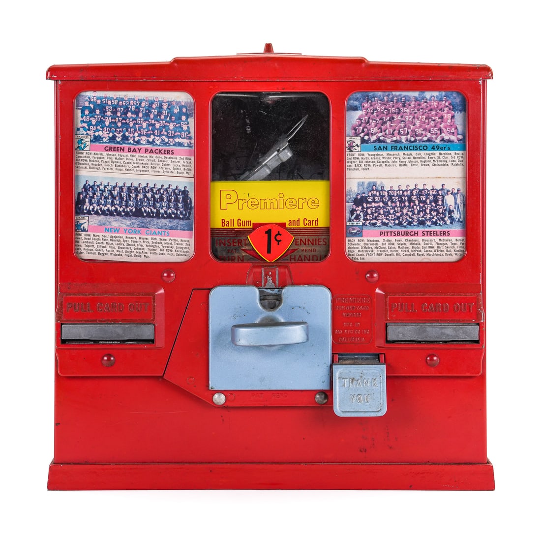 1950's Coin Op Football Card Dispenser: 1950's coin operated football card dispenser with NOS new old stock 1956 Topps football cards (approximately 350 pcs), including multiple rookie cards- Roosevelt Greer, Ollie Matson, Dave Middleton,