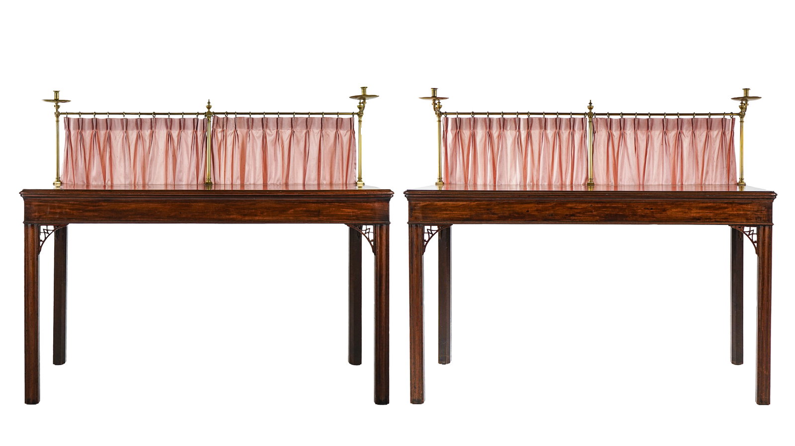 Pair of George II Mahogany Console Tables with Brass Galleries: Pair of George II Mahogany Chinese Chippendale Console Tables With original Brass Galleries- Ex Farrell Collection Burlington VT, 36 x 63 x 27.5" to top case, 54 to candle holder.