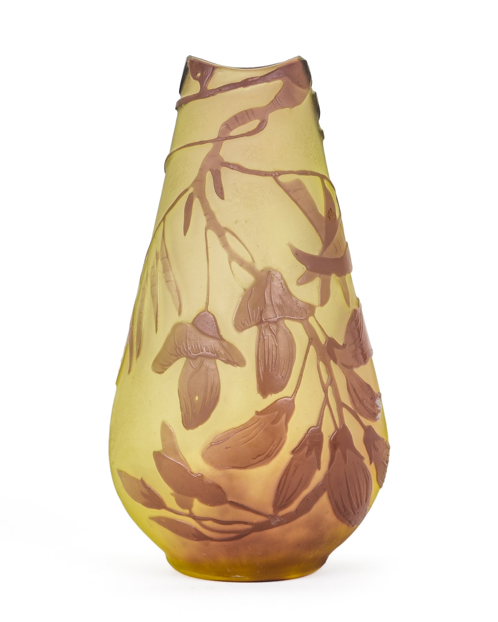 Emile Galle French Cameo Glass Vase: Early 20th c. Emile Galle, French Art Nouveau acid etched cameo glass miniature vase having lavender 'sweet pea' floral decoration over pale yellow ground, signed on reverse, overall excellent