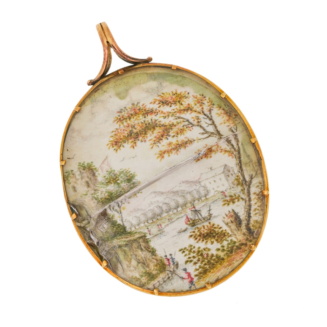 Ca. 1760 English Gold Frame Pendant Landscape: Ca. 1760 English oval yellow gold pendant with agate back and waterfront landscape painting under glass on front with boats, trees, and red coats on shore. 2" long. Crack through glass.