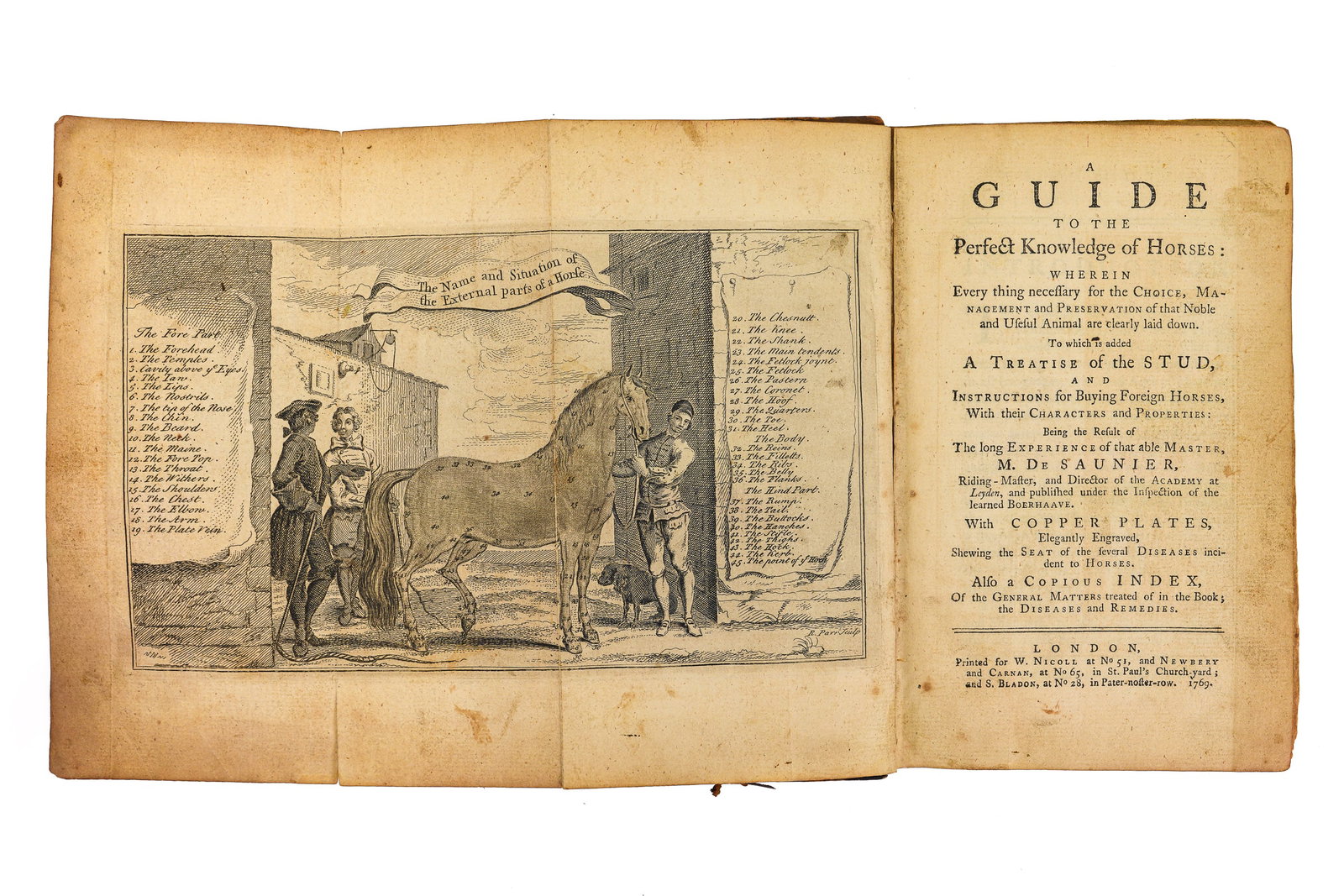 1769 Saunier Guide to Horses: 1769 M De Saunier "A Guide to the Perfect Knowledge of Horses" to which is added "A Treatise of the Stud", London, with several fold-out engravings, interior has slight foxing, staining, 8" x 5"