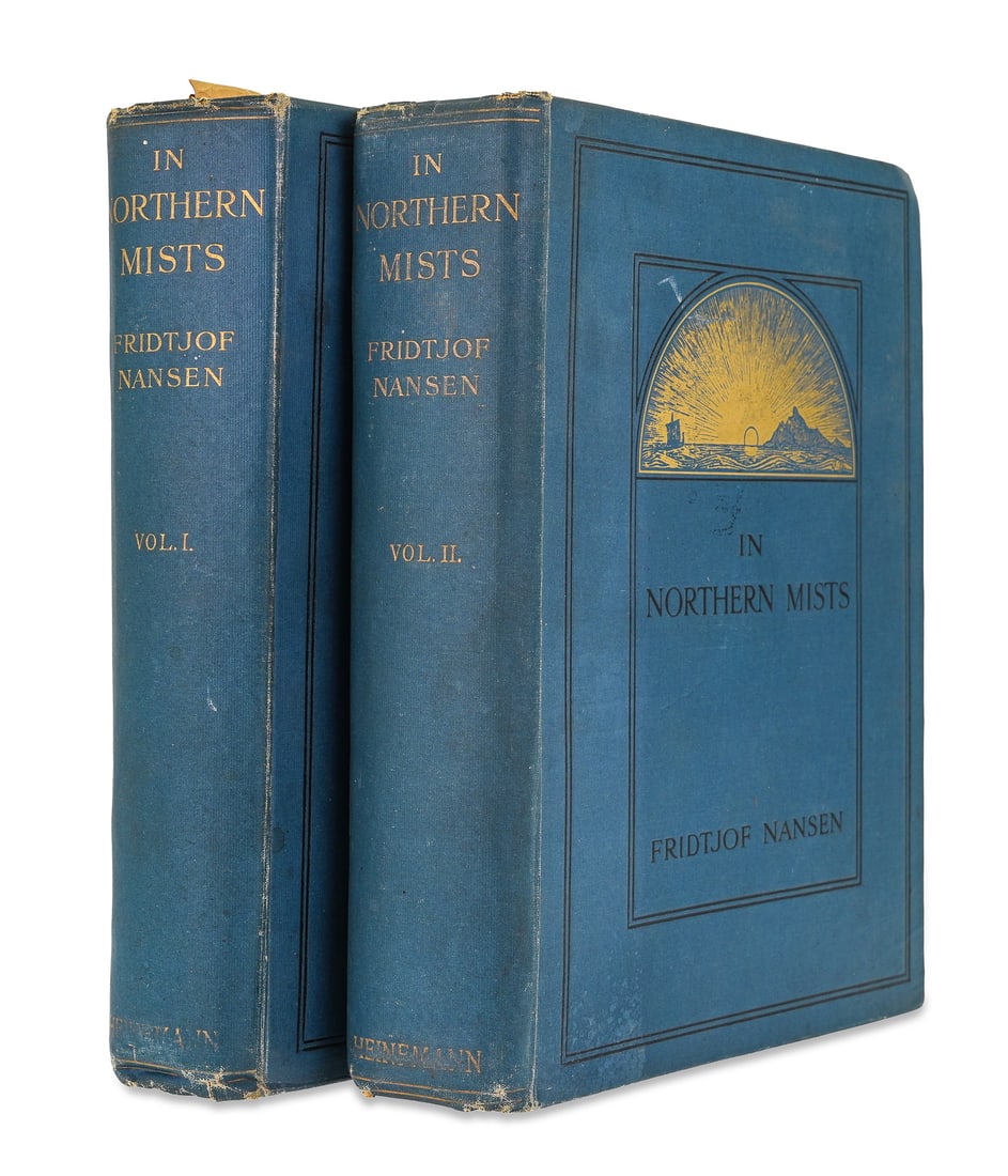 1911 Fridjtof Nansen In Northern Mists: 1911 Fridjtof Nansen "In Northern Mists; Arctic Exploration in Early Times", (2 vols), Ballantine, London, tipped in color frontis plates, gilt cloth, 10 1/2" x 8", corners bumped, interior clean &