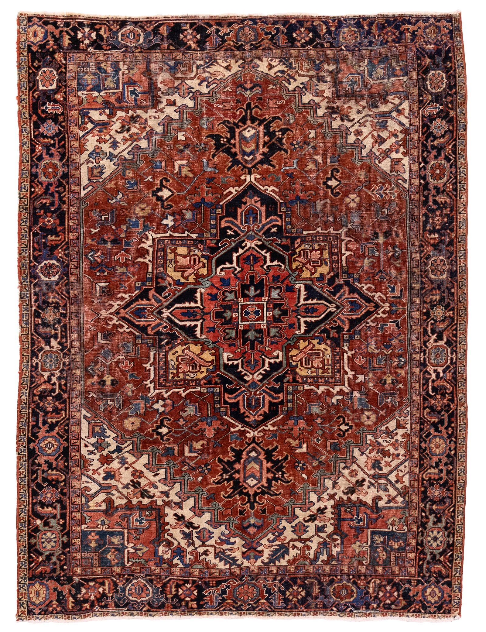 Persian Heriz Main Carpet: Early 20th c Persian Heriz main carpet, center medallion, wool & cotton, medium pile, uneven wear, edge/ binding losses, few stains, , 9' 11" x 12' 11"