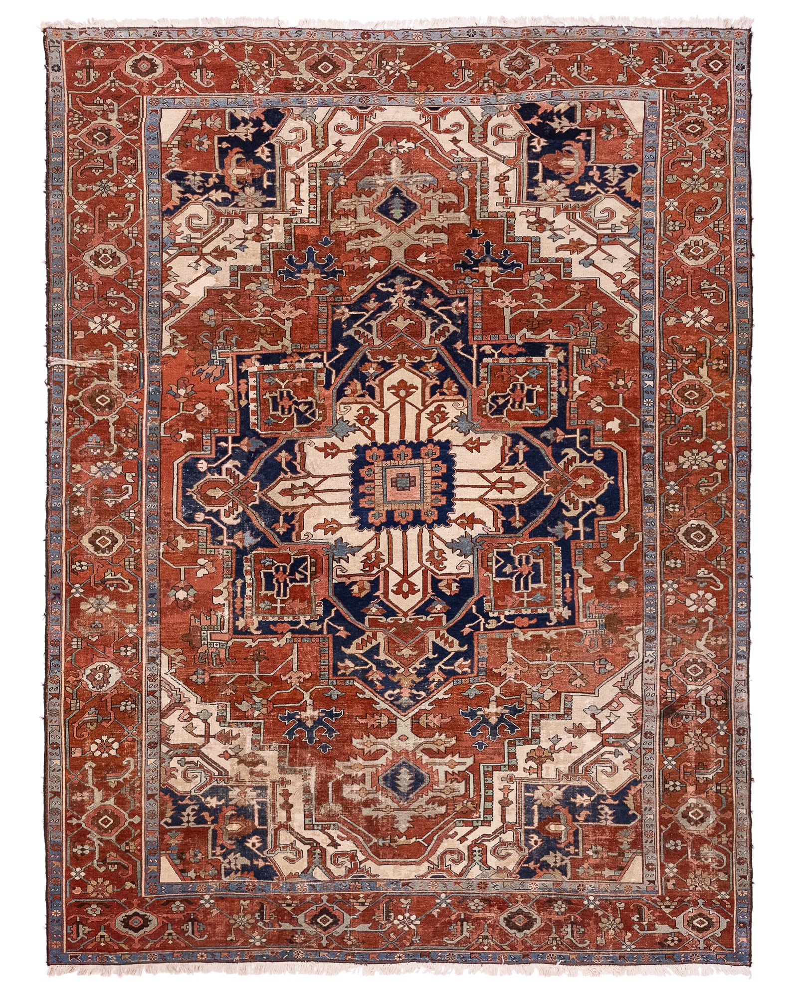 Persian Serapi Main Carpet: Late 19th- early 20th c Persian Serapi main carpet, center medallion, wool & cotton, some uneven wear, stains, 9' x 12' 4"