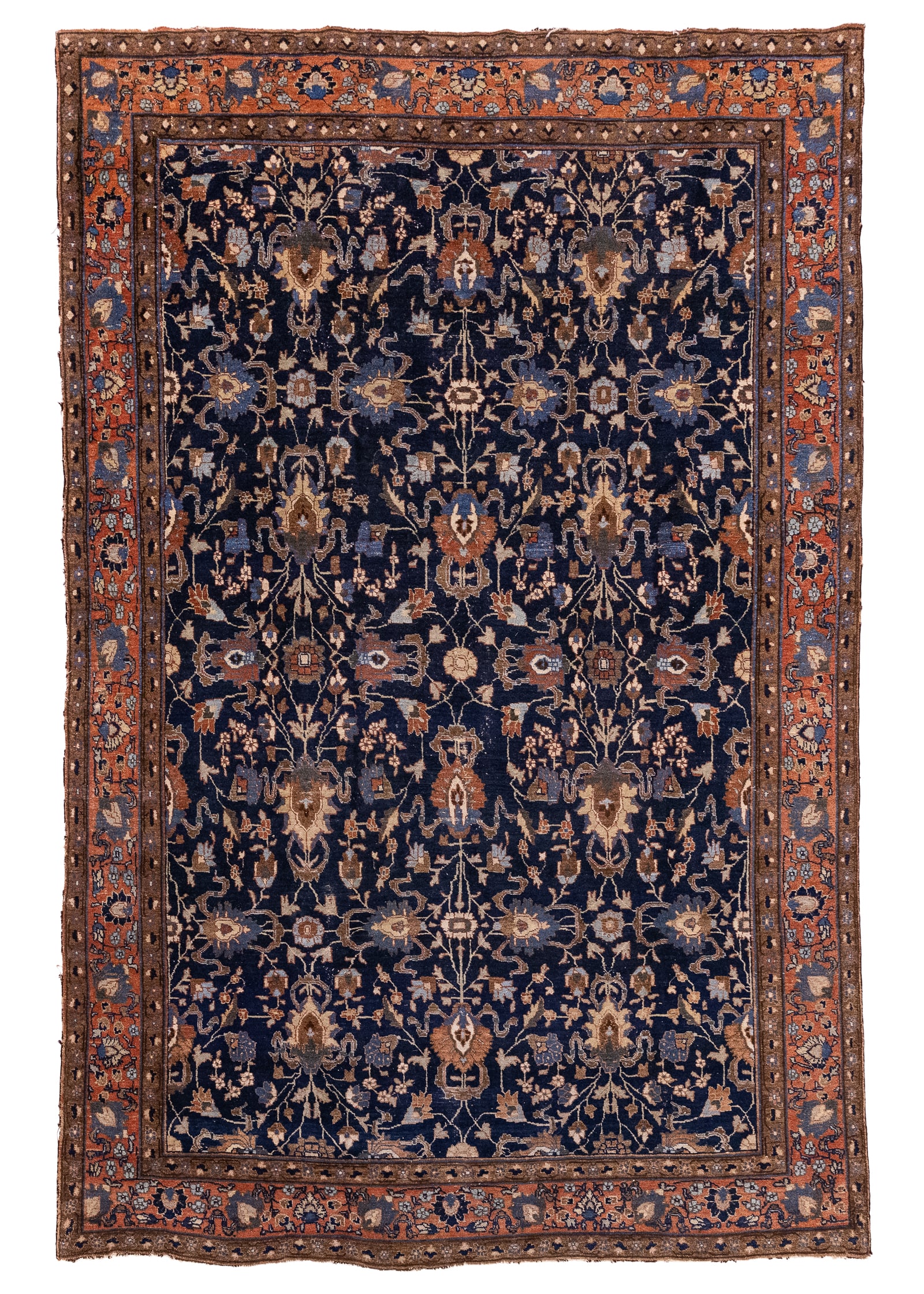Persian Sarouk Main Carpet: Early 20th c Persian Sarouk main carpet, allover floral design, minor edge binding and end losses, 7' 10" x 11' 4"