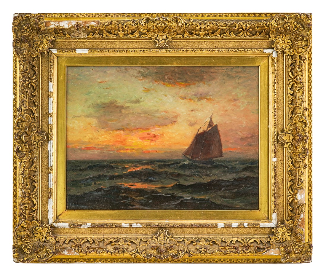 Frank Knox Morton Rehn (AM 1848-1915): Frank Knox Morton Rehn (American 1848-1915) Ship at sunset oil on board signed lower left- 12 x 16" 20 x 24" as framed. Rehn studied at the Pennsylvania Academy of the Fine Arts and was a member of th