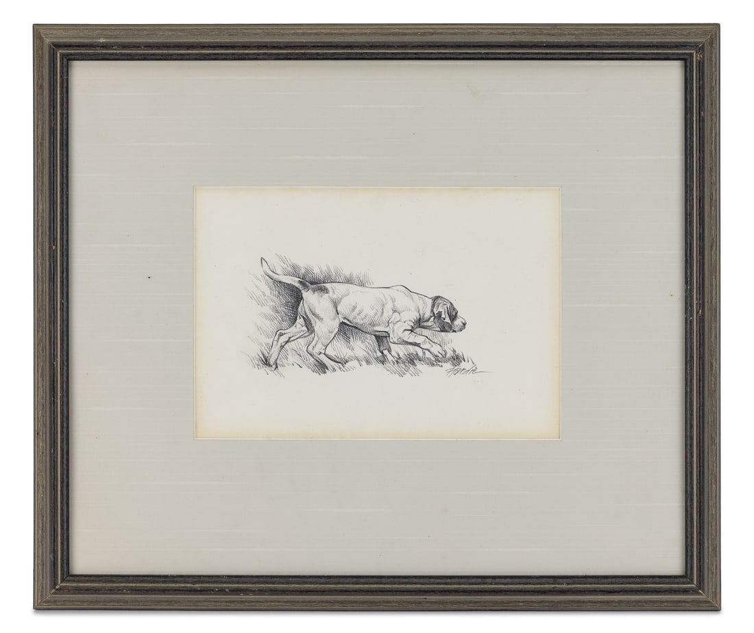 Eldridge Hardie (AM 1940-2021 ) Pointer Pup: Eldridge Hardie (American 1940-2021) An English Pointer Pup graphite on paper signed lower right - image 3 x 5" 13 x 15" as framed. Ex. William Secord Gallery NY- Hardie received his Bachelor of Fine