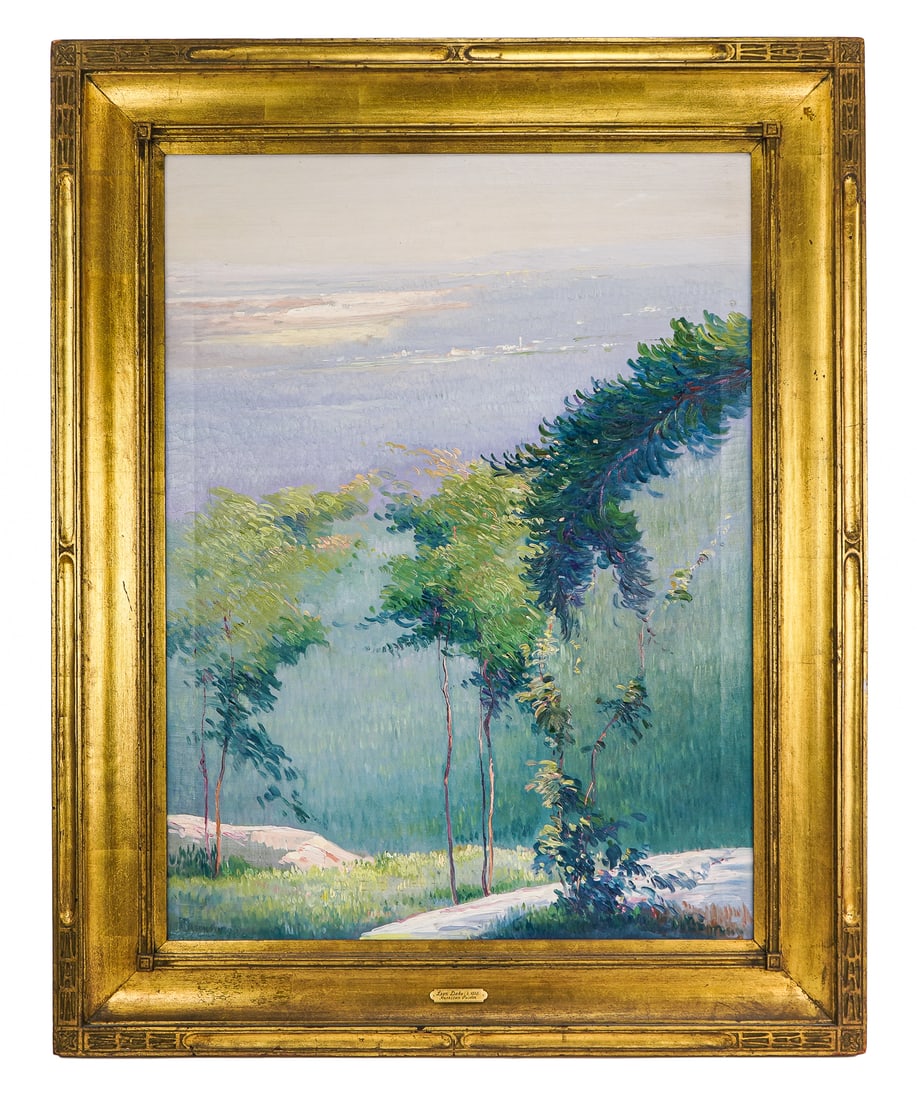 Leon Dabo (AM/FR 1864-1960) Summer Landscape: Leon Dabo (American/French 1864-1960) Summer tonalist landscape, oil on canvas signed lower left 36 x 26" 45 x 36" as framed- Dabo returned to New York in 1890 and began his career as a muralist, but