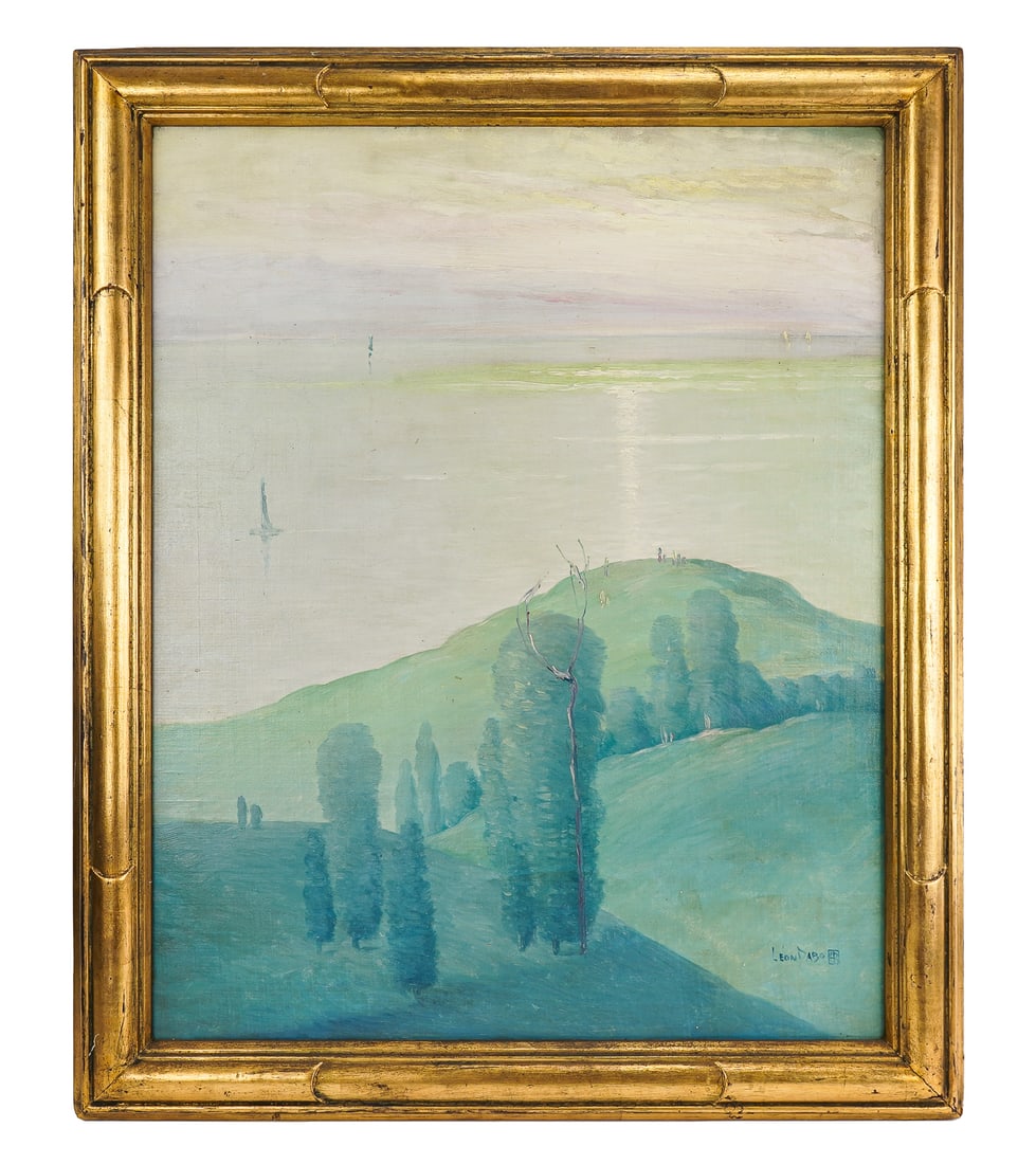 Leon Dabo (AM/FR 1864-1960) Hudson River: Leon Dabo (American/French 1864-1960) Hudson River landscape oil on canvas signed lower right 30 x 25" 34 x 29" as framed. painting cleaned and re-lined Dabo returned to New York in 1890 and began his