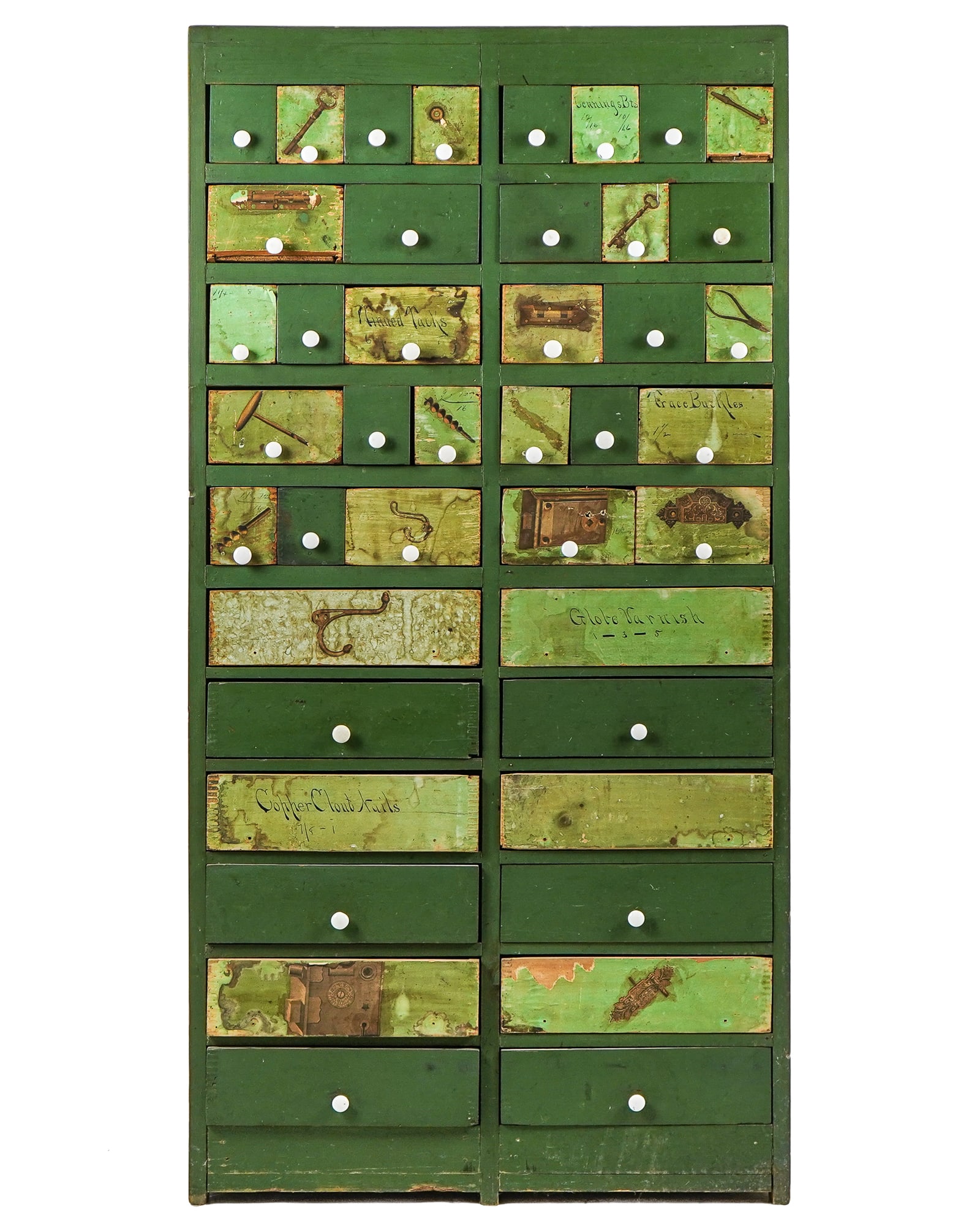 Circa 1900 Set of Country Store Hardware Drawers: Circa 1900 country store drawers for hardware- Case has been painted in later enamel green, but about half of the 41 drawers retain printed catalog images decoupage on mint green paper, or hand