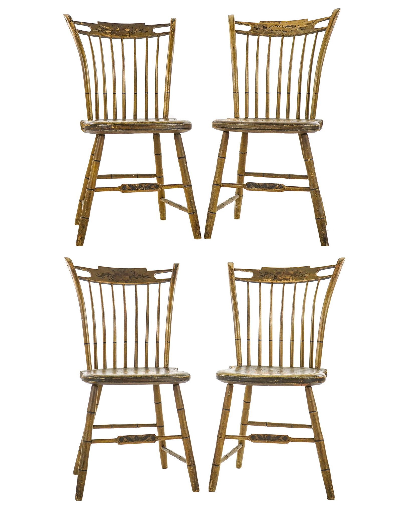 Set of 4 19th c Paint decorated FishTail Windsors: Set of four 19th c Vermont Fish Tail Windsor chairs - Retaining original paint, pinstriping and floral/ musical instrument decoration one signed Washington in chalk under seat, Found in Shoreham VT -