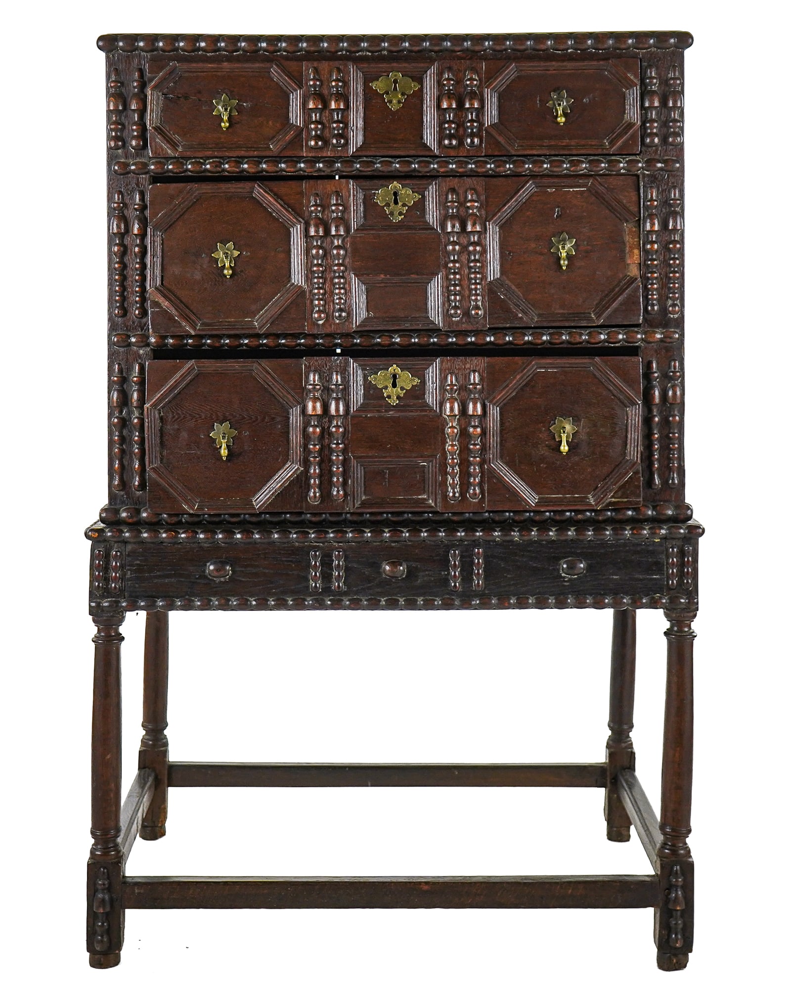 18th c William and Mary Highboy: 18th c oak English William and Mary Highboy three drawer top, old repairs- 58 x 35 x 23"