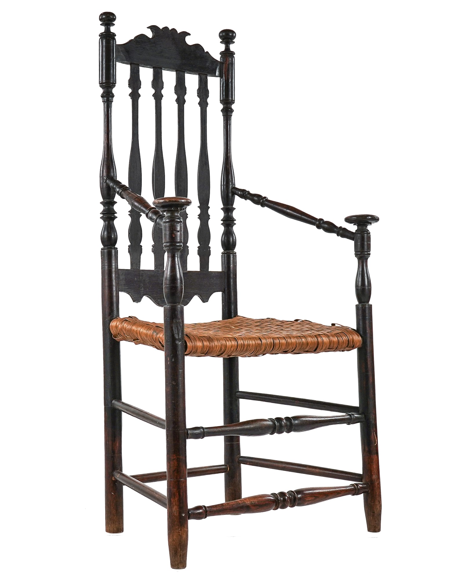18th c New England Bannister Back Armchairs: 18th C New England bannister back great chair with large mushroom grip arms, leg restoration49 x 28 x 15" 19" to seat