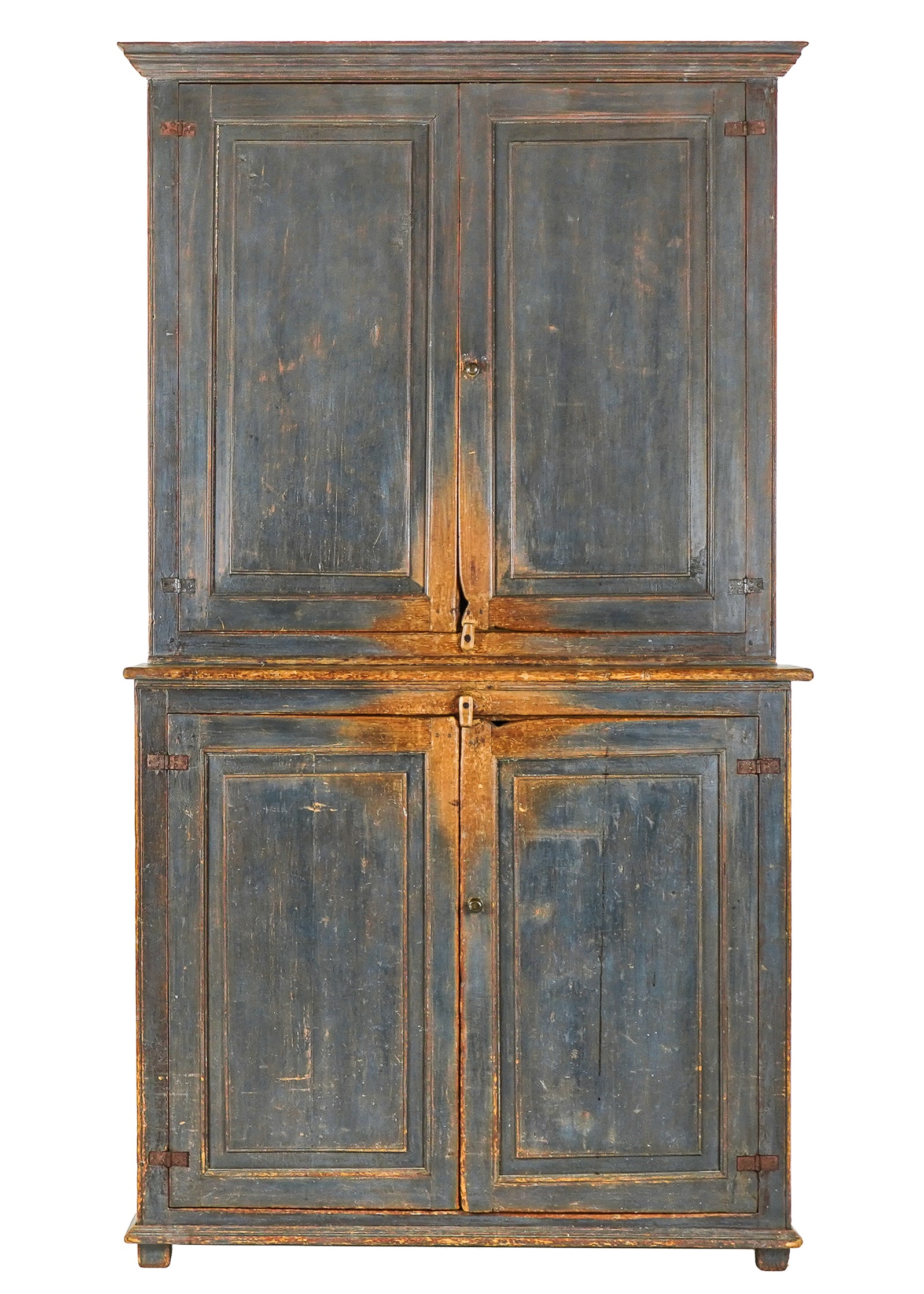 18th c Quebec Blue Painted cupboard: 18th c Quebec painted pine stepback cupboard in old blue paint with beaded raised panel doors through tenon construction, stile - 90 x 49 x 22"