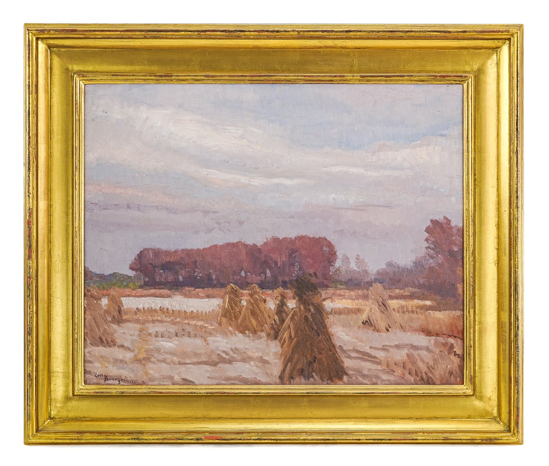 Carl Buergerniss (AM 1877-1956) New Hope Landscape: Carl Buergerniss (American 1877-1956) New Hope landscape with Haystacks signed lower left- 16x20" 22 x 25.5" as framed. born in Philadelphia in 1877 and studied at the Pennsylvania Academy of the Fine