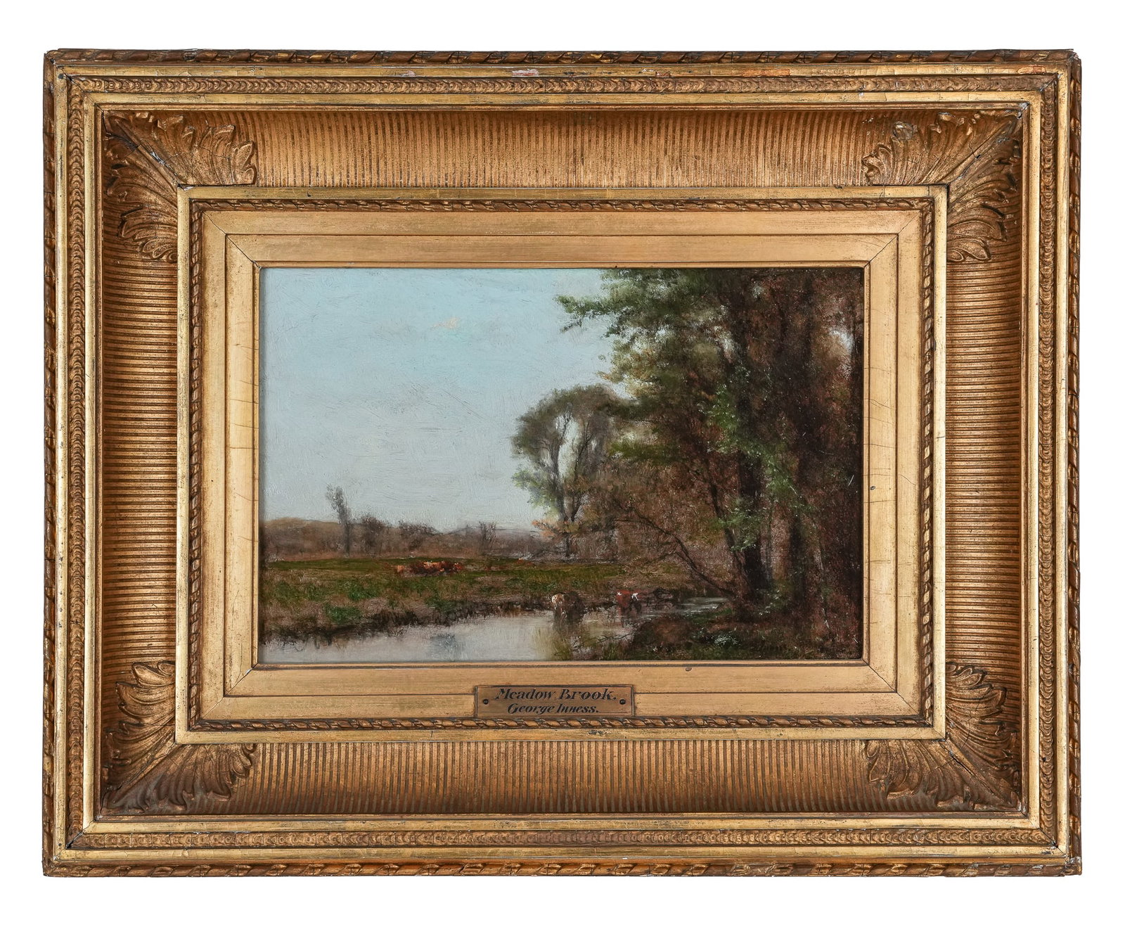 George Inness (AM 1825-1894) Meadow Brook: George Inness (American 1825-1894) Meadowbrook oil on board signed lower right - painting has been professionally conserved with documentation, and is included in the Catalog Raisonne as Number - 8