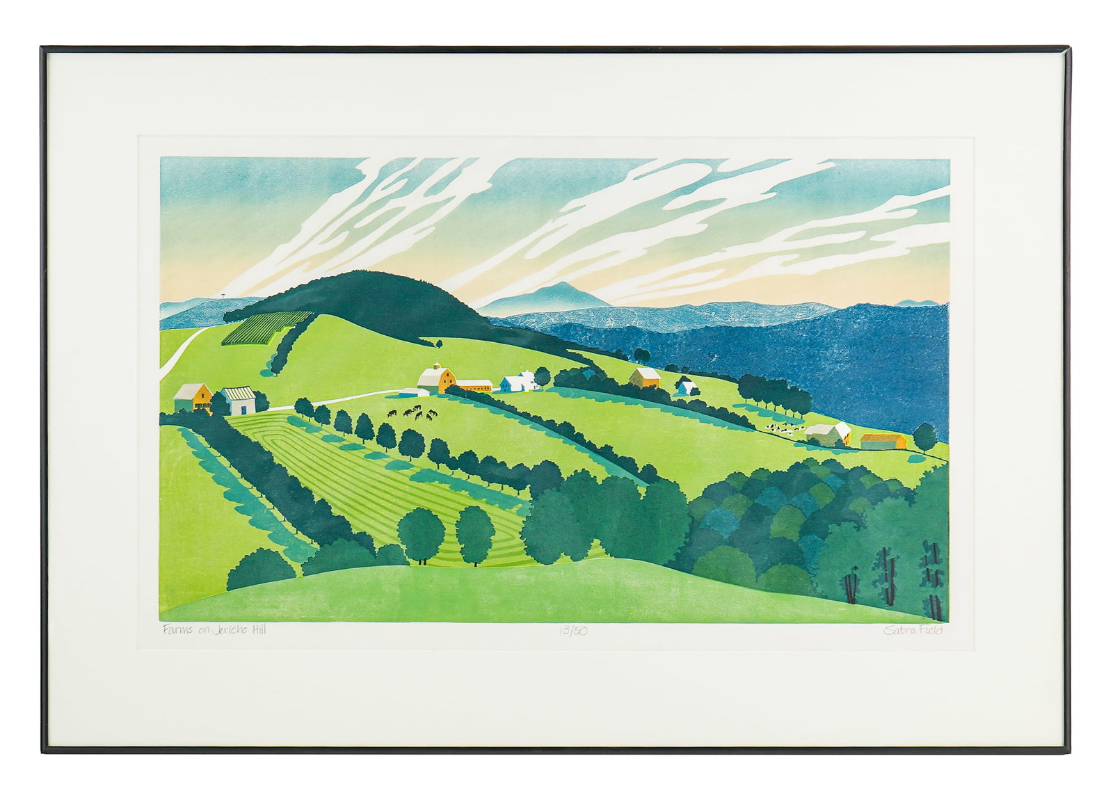 Sabra Field (VT 1935-) Farms on Jericho Hill: Sabra Field (Vermont 1935-) Farms on Jericho Hill- Woodblock on paper- Signed and editioned 13/50- plate 16 x 27" 24x 35" Field is one of Vermont's most recognized artists, with works spanning the dec