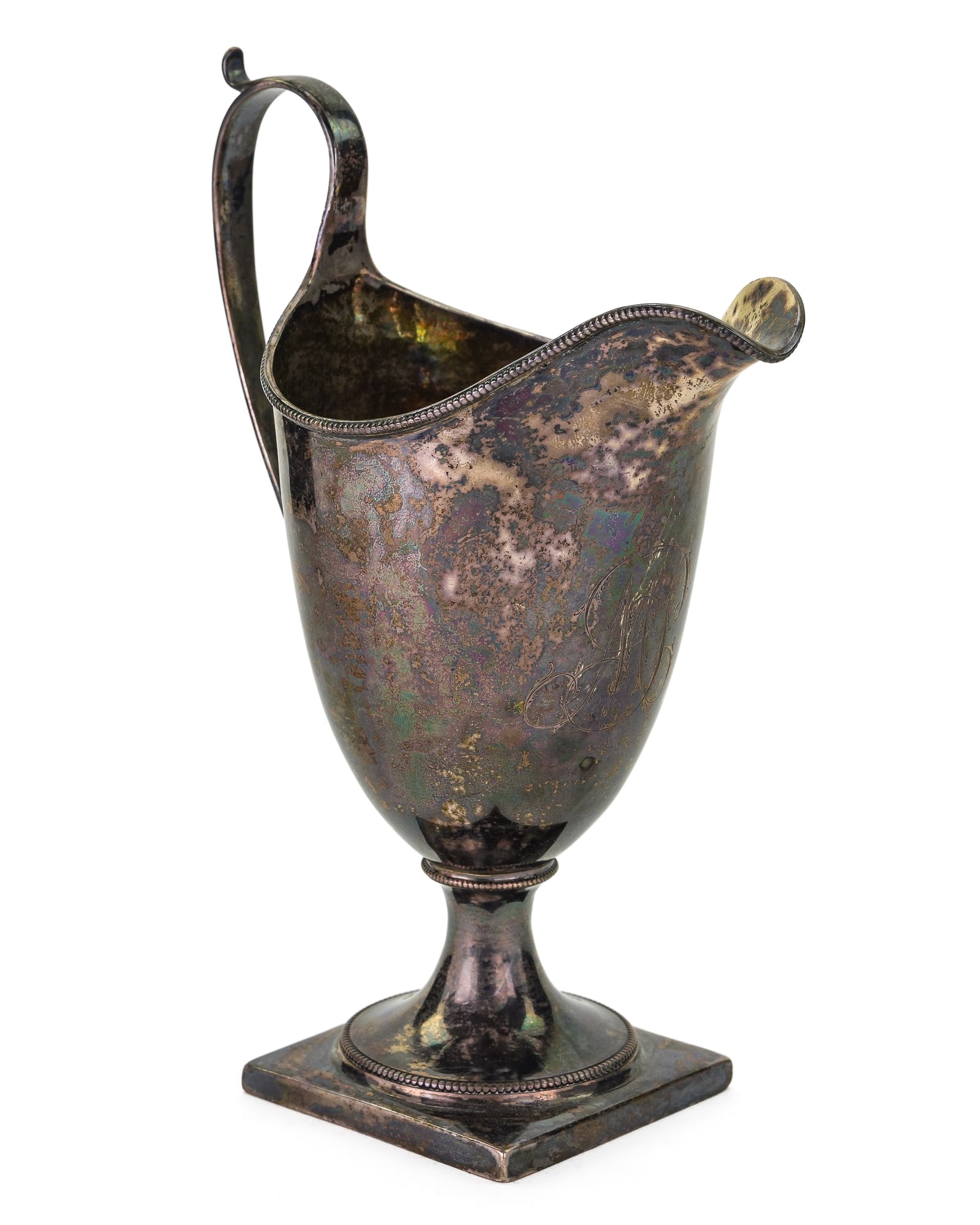 Late 18th c. Daniel Dupuy Jr. Silver Creamer: Late 18th c. Daniel Dupuy Jr. (1719-1807) Philadelphia, PA early American coin silver neoclassical urn form creamer with beaded rim and accents on square base, "M.P." cursive script monogram on