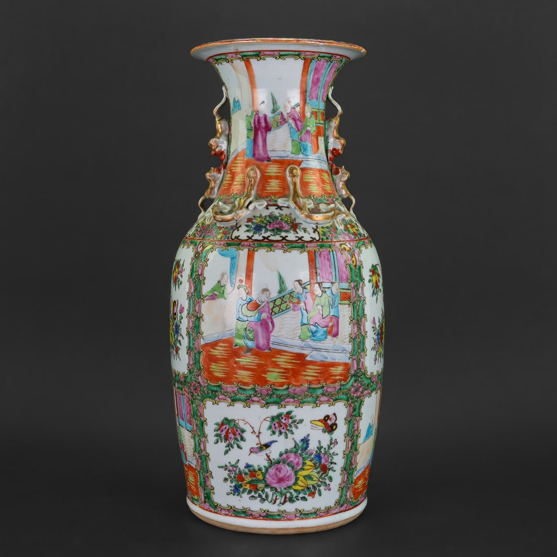 Large 19th c. Chinese Rose Medallion Vase: Large 19th c. Chinese Export Rose Medallion porcelain having fine enameled decoration of garden flowers, birds and scenic panels, applied gilt Food dog and dragon handles, ht. 17.75"-9" -small nicks