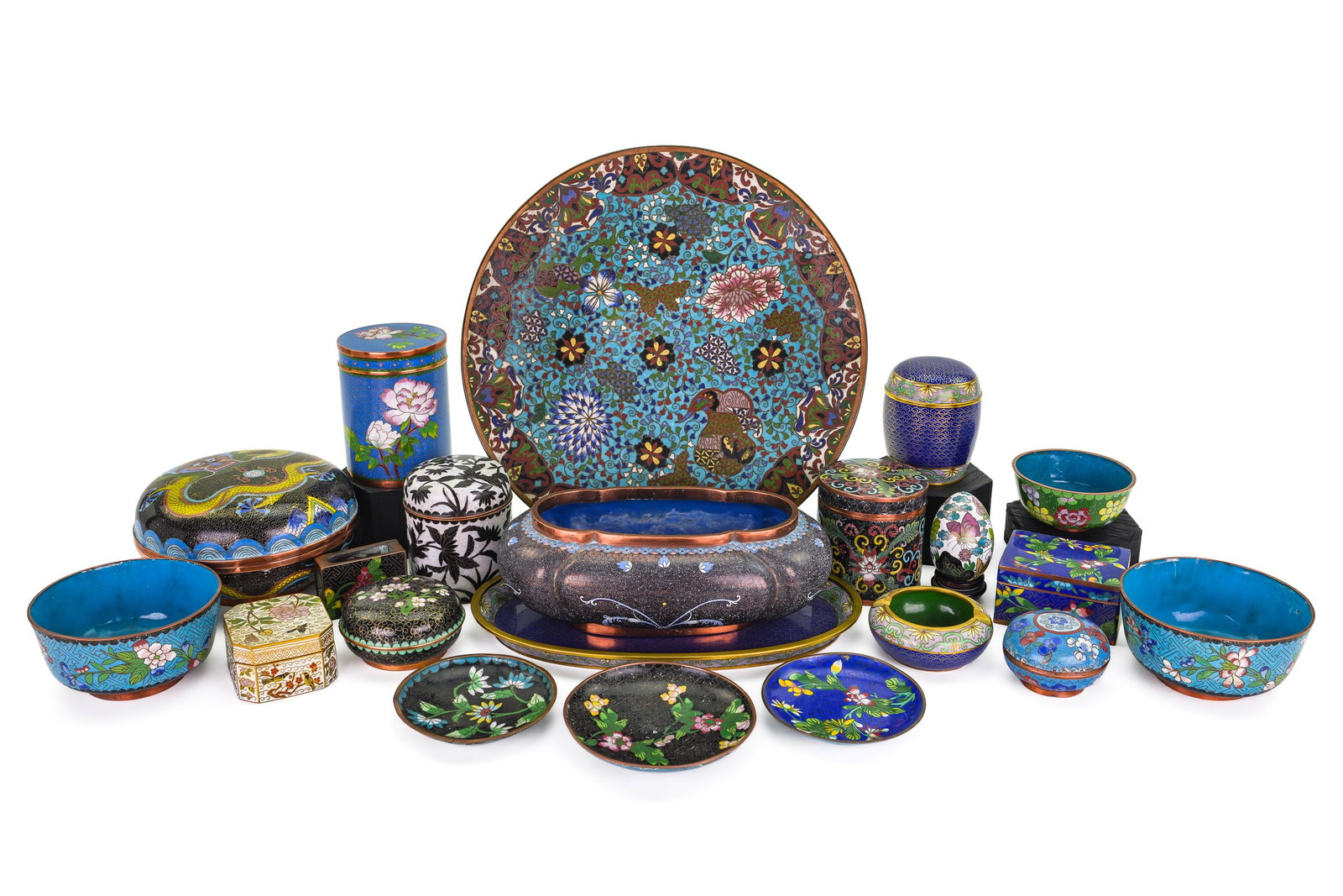 Collection of 21 pcs. of Chinese Cloisonne: Collection of 21 pcs. of late 19th and 20th c. Chinese Cloisonne enamel decorated metalware including large charger, 4 cylindrical boxes, 3 bowls, 3 pin trays, ash tray, desk boxes, match safe,
