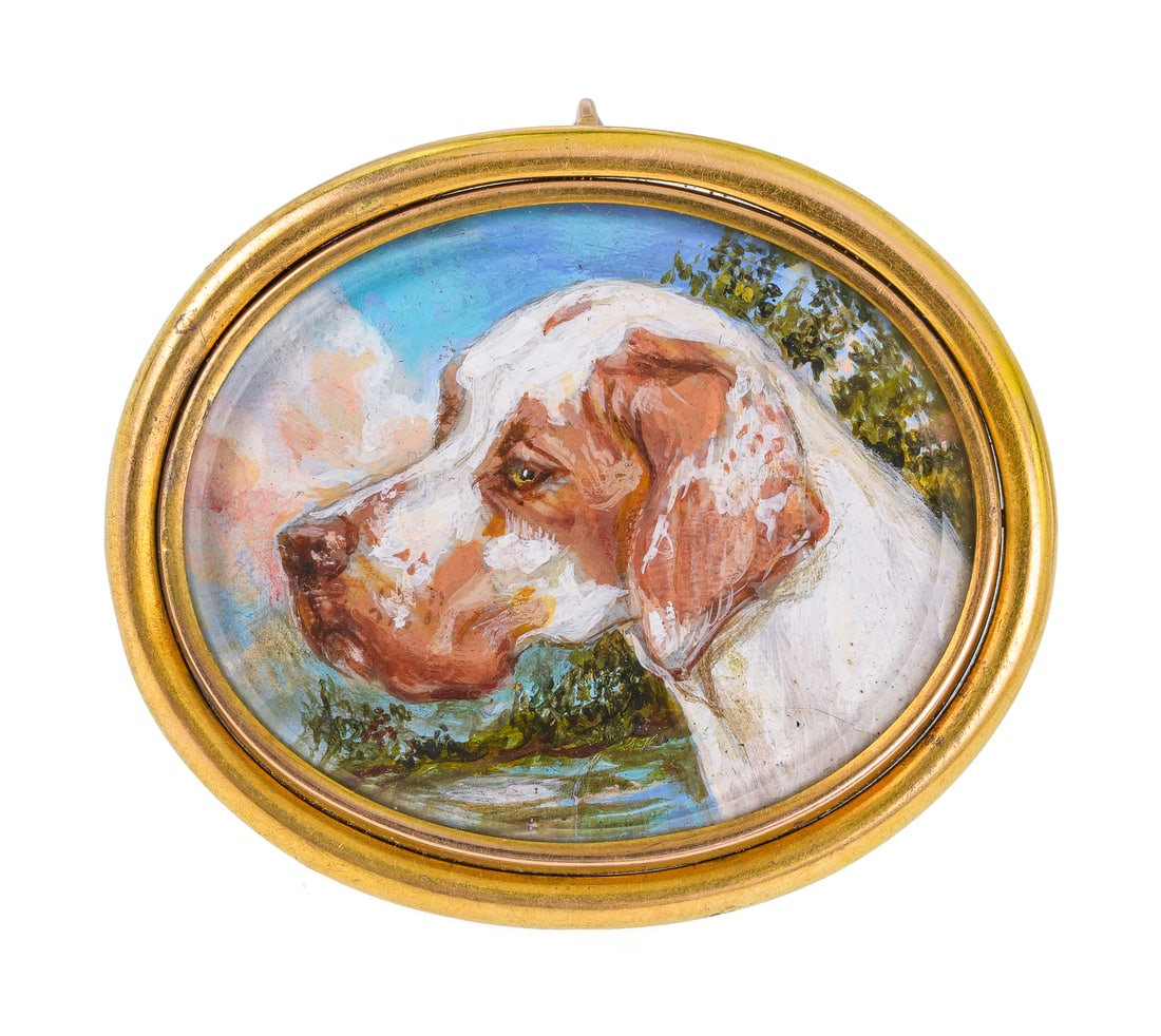 Victorian Oval Gold Brooch with Oil of Pointer Dog (1 of 4)