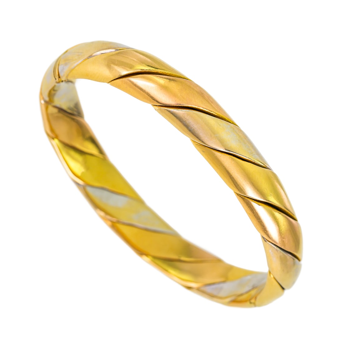 18k Multi-tone Gold Bangle: 18k gold bracelet / bangle. Rope design with multi-tone gold. 2 3/4" diameter, 11 mm wide. 47.9 grams t.w.