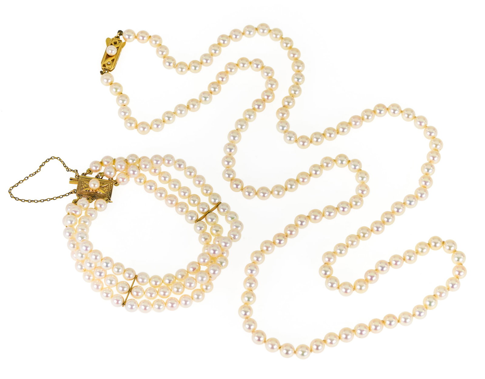 Ca. 1900 Pearl 32" Necklace & Bracelet: Fine luster pearl necklace and bracelet. Necklace with 6 mm pearls, 14k clasp with a small pearl, 32" long. Bracelet with 3 strands of 5 mm pearls, 14k yellow gold clasp with small pearl, and 2 gold