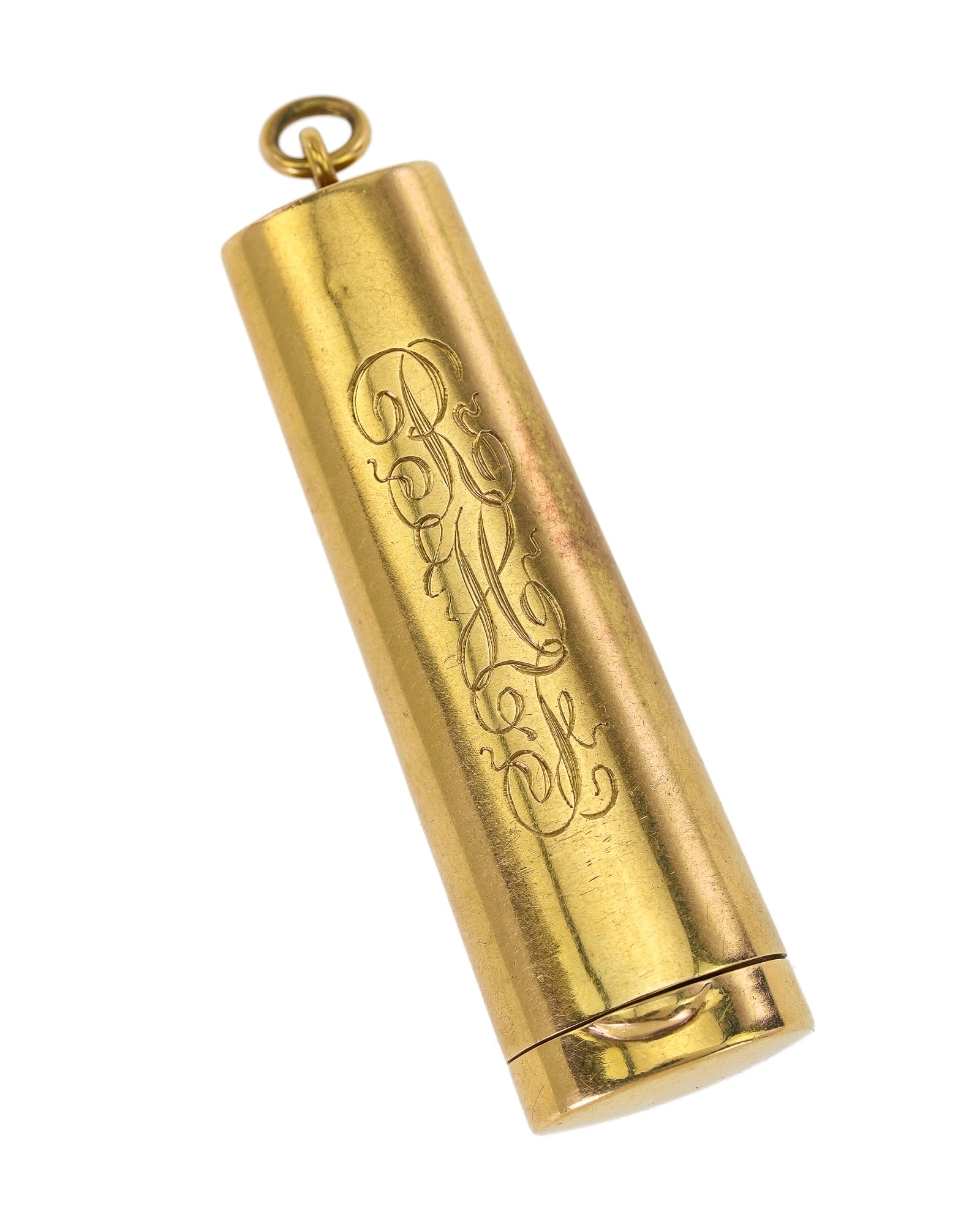 14k Yellow Gold Case: 14k yellow gold oblong case. lift lid, loop at end. Marked 14k. 2" long. Possibly a case for a cigarette holder. 10 grams. Or used on a chatelaine. Monogramed