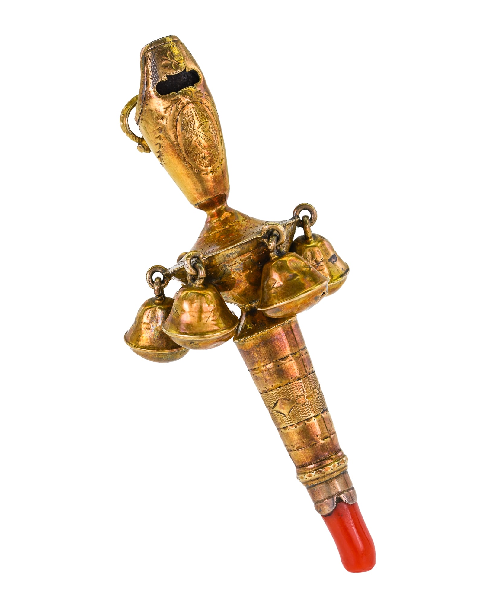 Victorian Gold Rattle & Whistle: Antique Victorian engraved gold whistle with 6 bell rattle and large red coral polished cone end. 4 3/4" long. Hallmarked SB.
