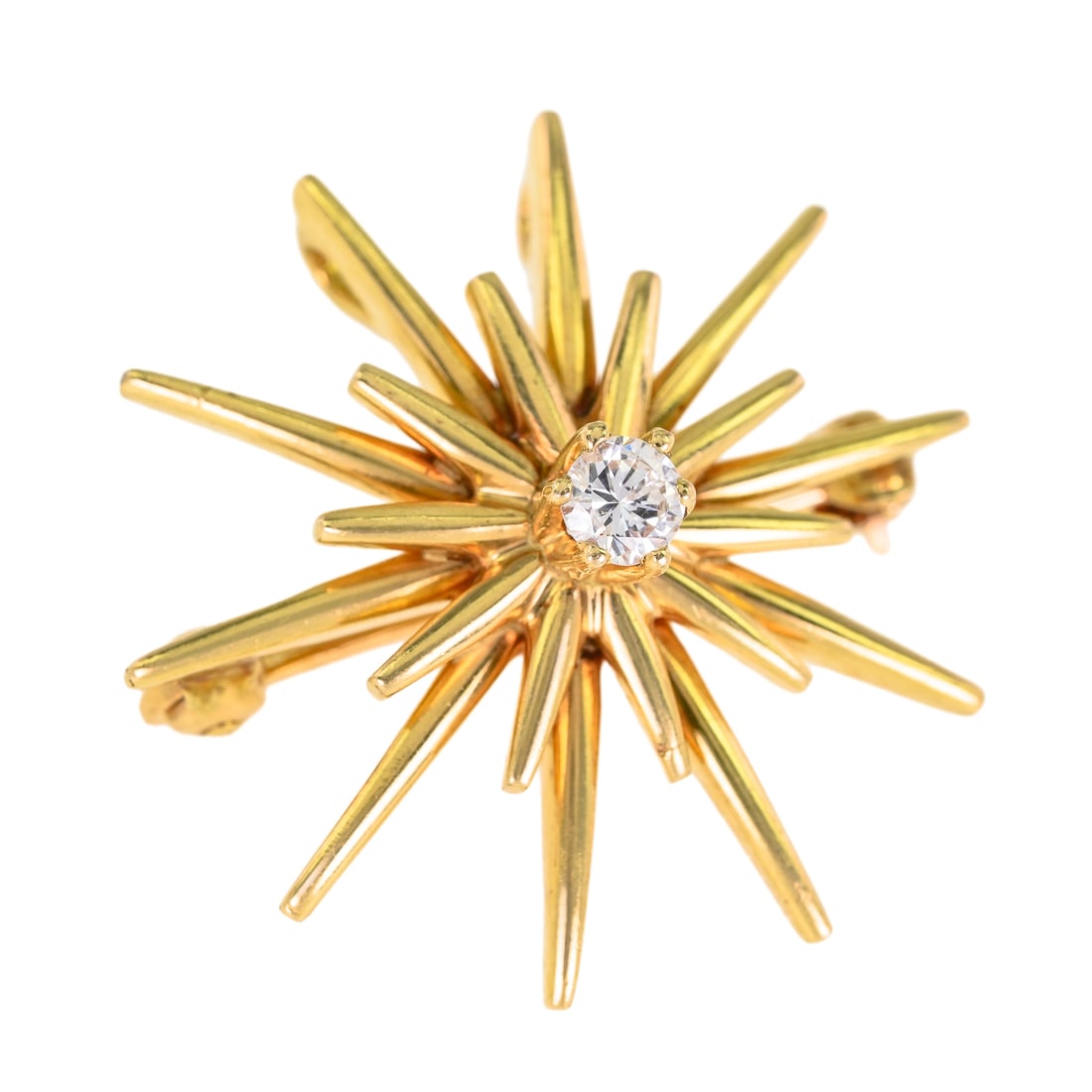 14k Diamond Star Pendant Pin: 14k yellow gold pin / pendant with center .2 ct round cut diamond. 1" wide, 5.9 grams t.w.