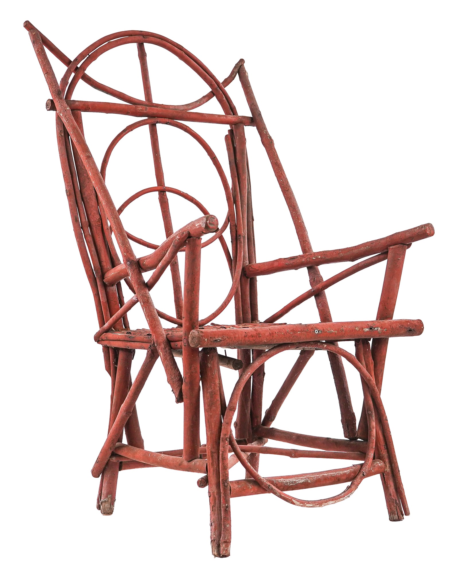 Early 20th c Bentwood Adirondack chair: Early 20th c rustic bentwood Adirondack type armchair, parquetry design seat, old paint, some bark peeling, ht 42", seat height 18"