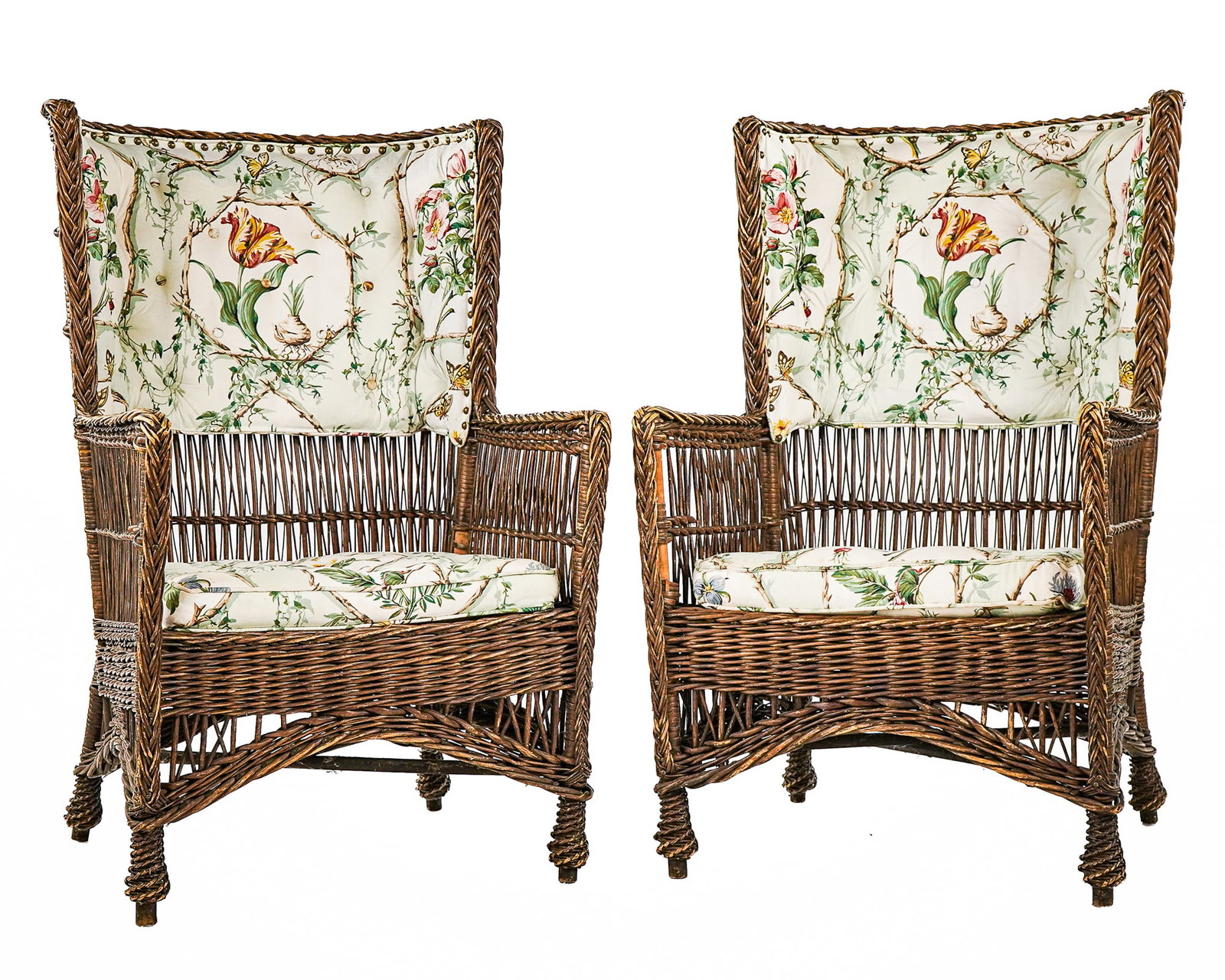 Gustav Stickley Wicker Armchairs from Allenwood: pair of early Gustav Stickley wicker armchairs purchased from the Allenwood Inn auction on the shores of Lake Champlain in 1999, overall good condition