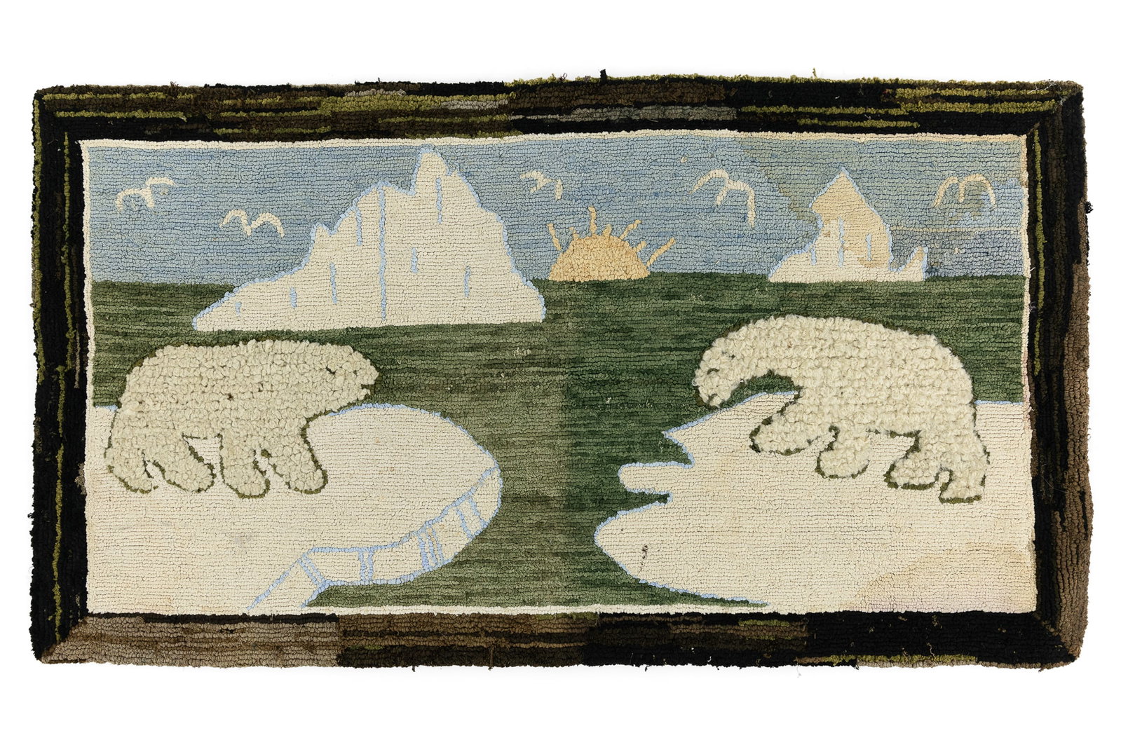 Grenfell Labrador Industries Hooked Rug: Attributed Grenfell Labrador Industries hooked rug (no cloth label) with distinctive raised fur on two polar bears, 18" x 32"
