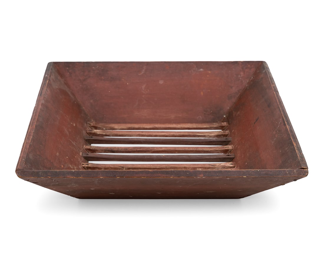 Cheese Drying Sieve in old red paint: 19th c Cheese drying sieve in old red paint, square nailed construction, 18" x 18" x 4"