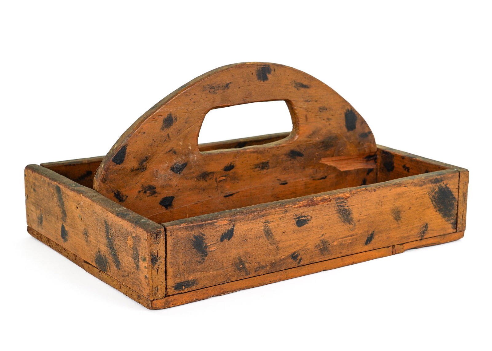 Knife Box/ carrier in Folky Splotched Paint: Knife box/ carrier in folky splotched decoration, square nail construction, center handle loose, chip missing
