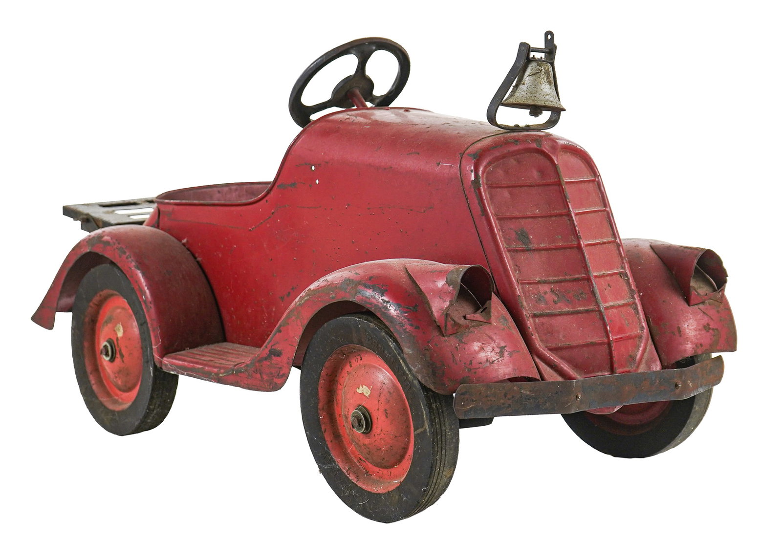 Early Fire Chief Pressed Steel Pedal Car: Fire Chief pressed steel pedal car with rear rack- as found and original, length 45", width 21", ht 23"