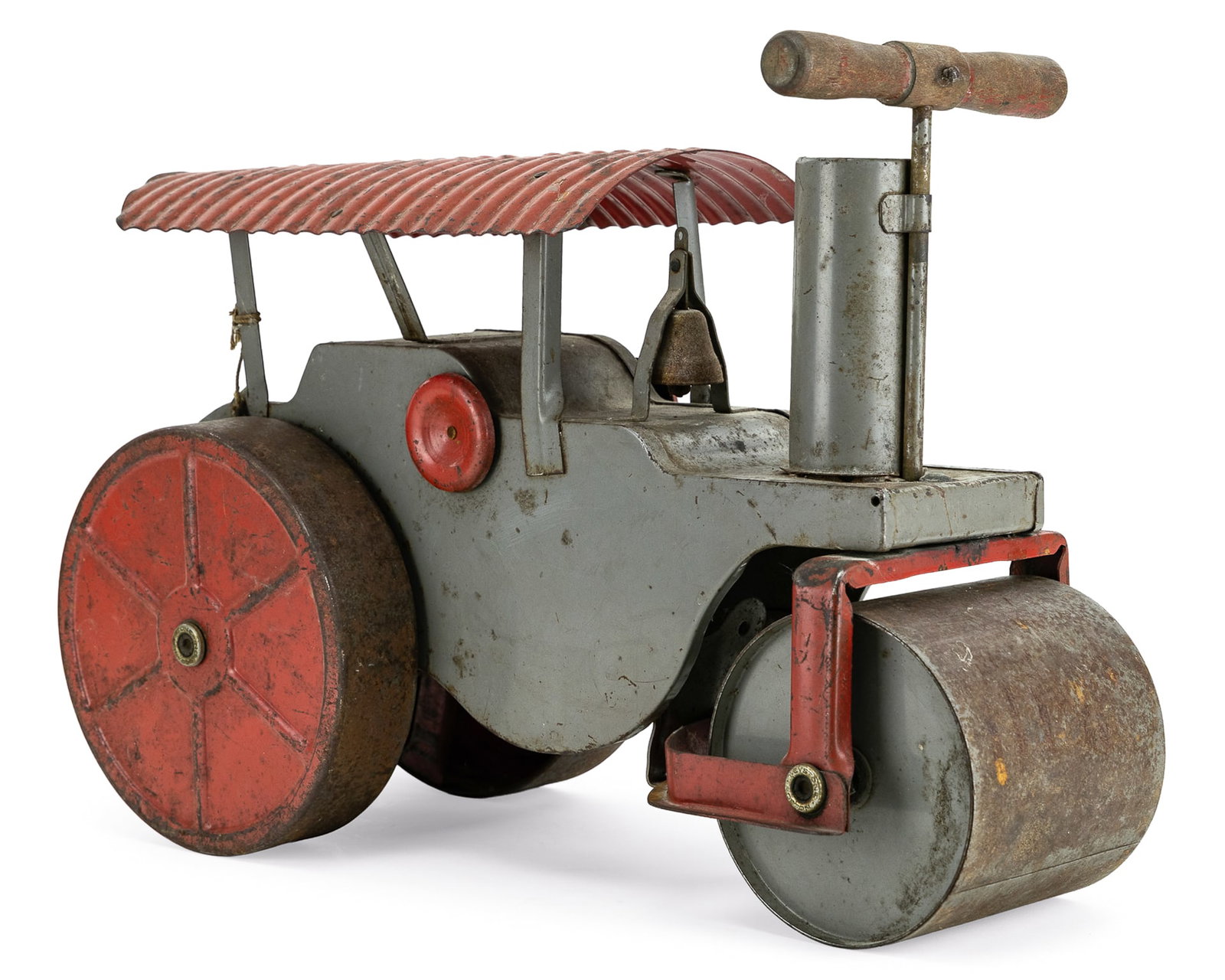 Keystone Pressed Steel Steam Roller: Keystone Ride-Em pressed steel steam roller ride on toy, smokestack loose, needs solder or spot weld, length 20", ht 14"