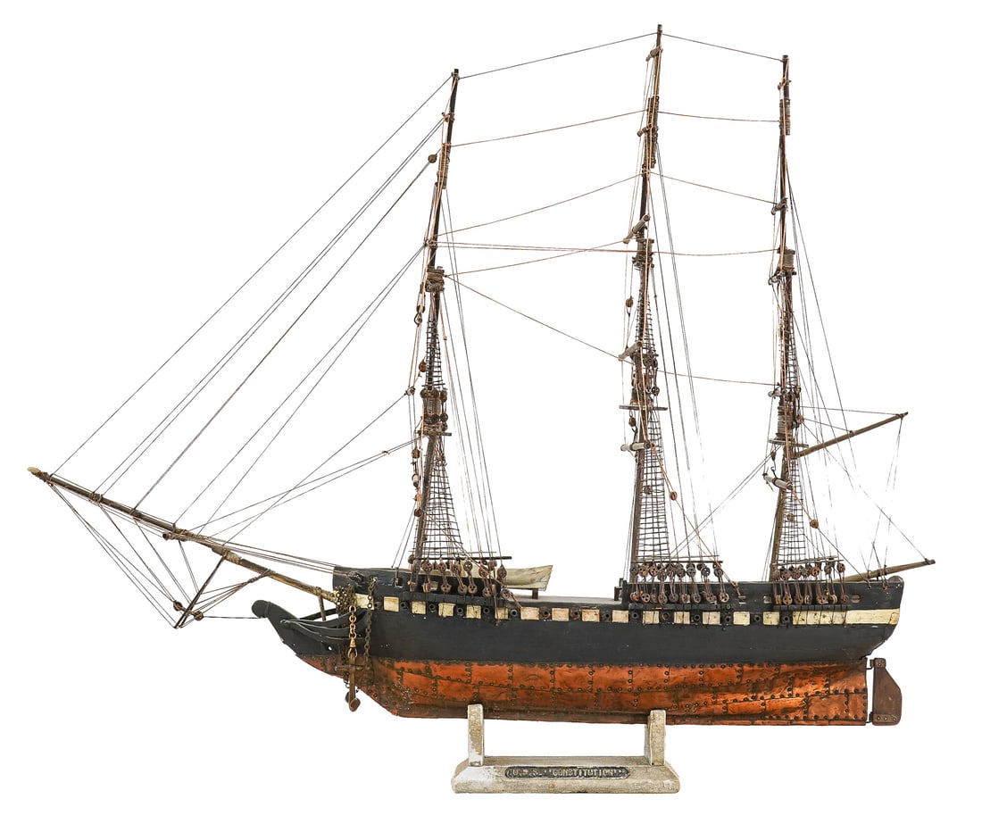 Mid 20th c USS Constitution Ship Model: Mid 20th c USS Constitution ship model (home-made), length 31", ht 26", with display case 38" x 17" x 30" (local pick-up/ private carrier is required on this lot)