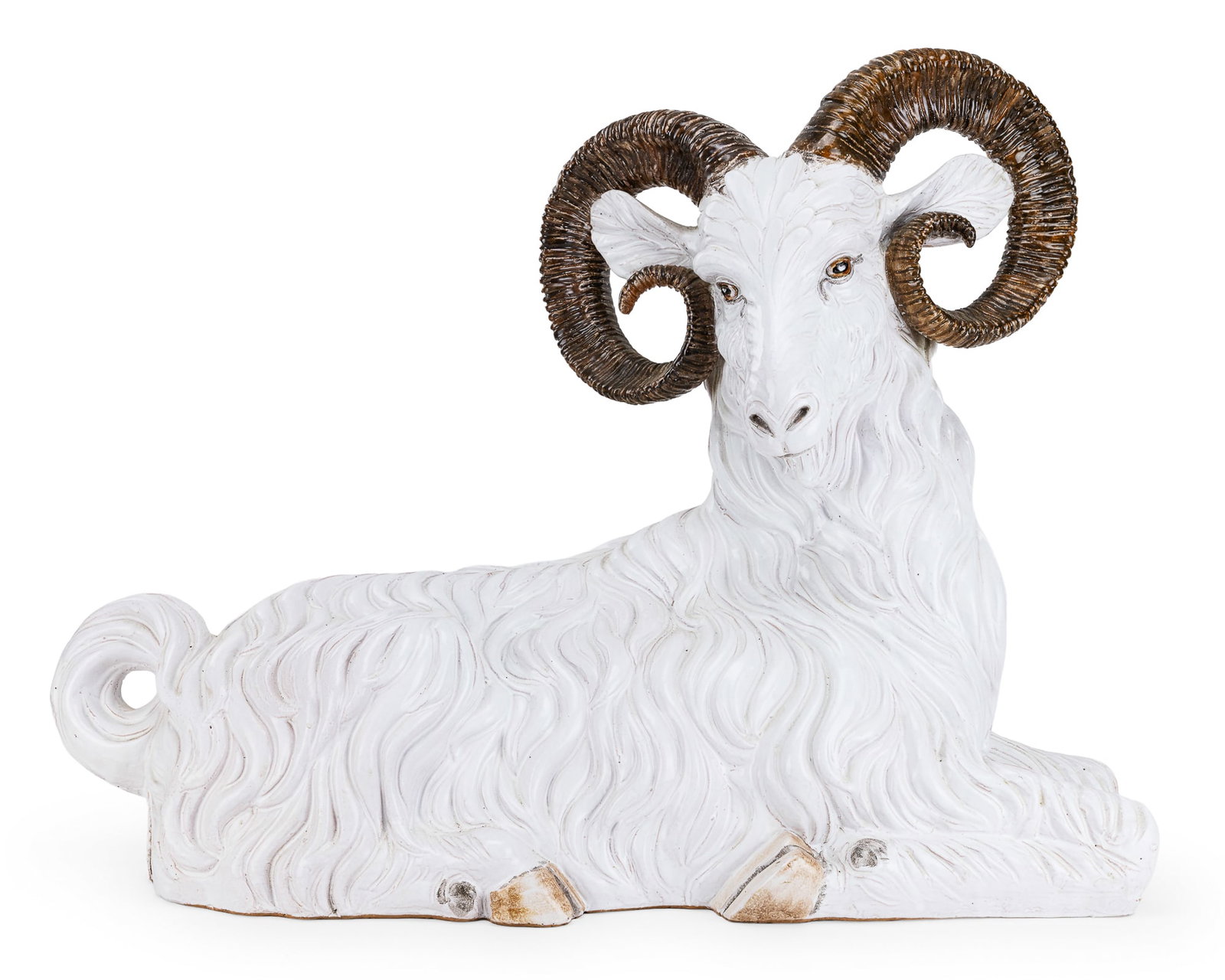 Large Italian Ceramic Ram: Large late 20th c Italian hand painted ceramic ram in the Neo-Classical or Hollywood Regency style, exhibited at the Antiques Roadshow in Shelburne VT, length 28", ht 23"