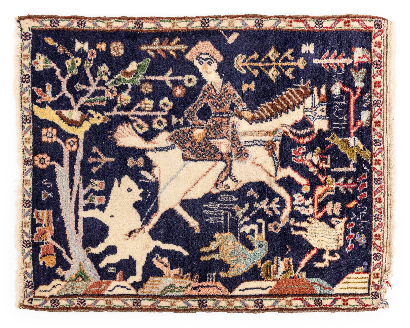 Persian Tabriz Pictorial Hunting Scene Area Rug: 20th c Persian Tabriz area rug with pictorial hunting scene, signed and/ or dated in the weave, good thick pile, 2' x 2' 6"