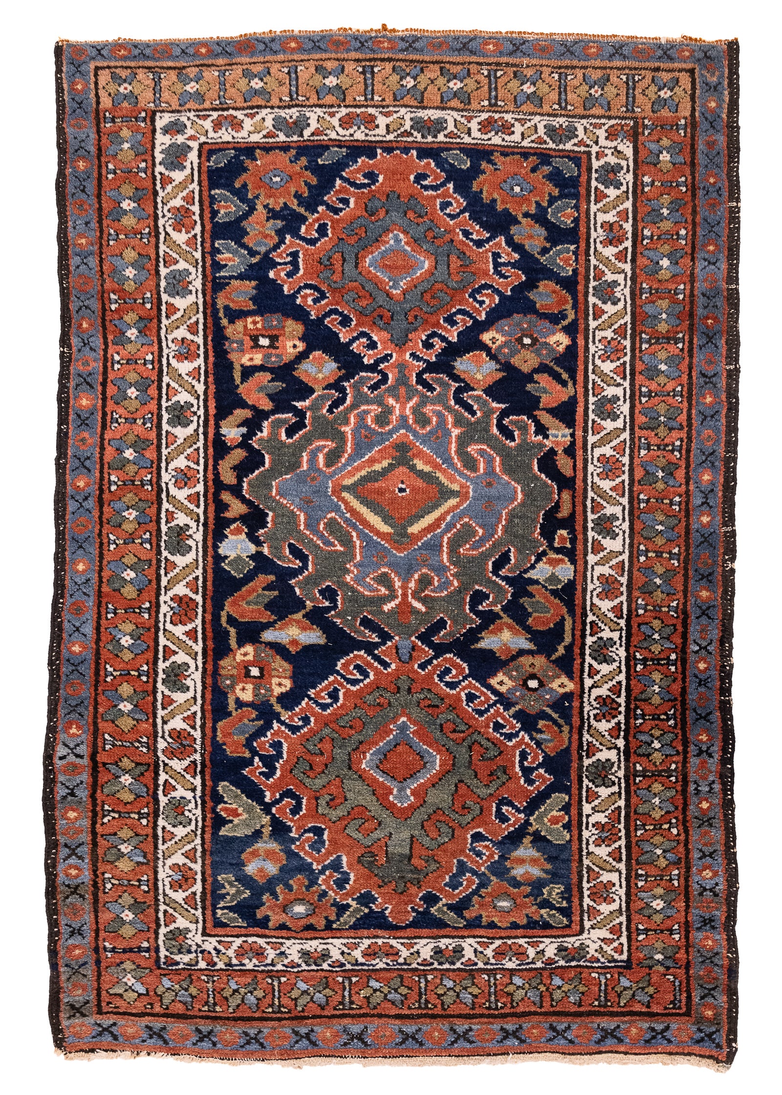Persian Karaja Area Rug: Early 20th c Persian Karaja area rug, old Nishan H. Bizdikian (1901-1975 Armenia/ Rutland, VT) cloth label on reverse, good condition, 3' 2" x 4' 8"