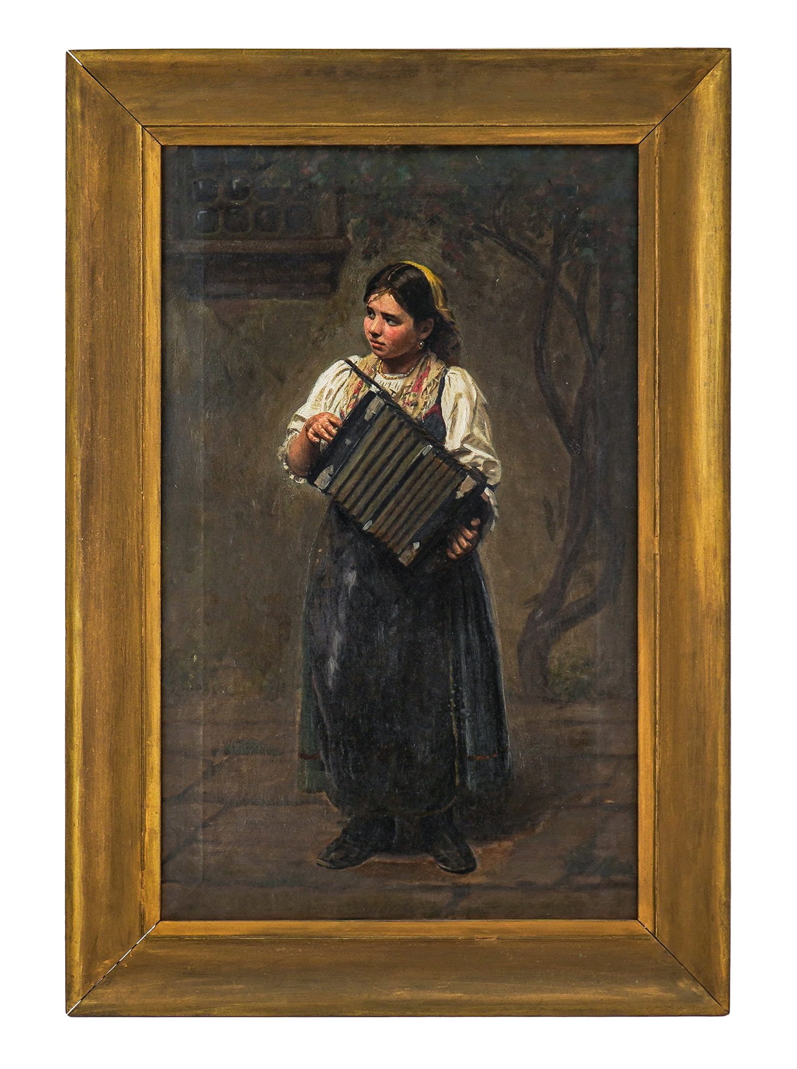 Carnig Eksergian (Armenian/AM 1855-1931) Portrait of a girl with Accordion: Carnig Eksergian (Armenian/ American 1855-1931) Portrait of a Romani Girl with an accordion oil on canvas descending in the family of the artist 29" x 18", 36" x 25" as framed.
