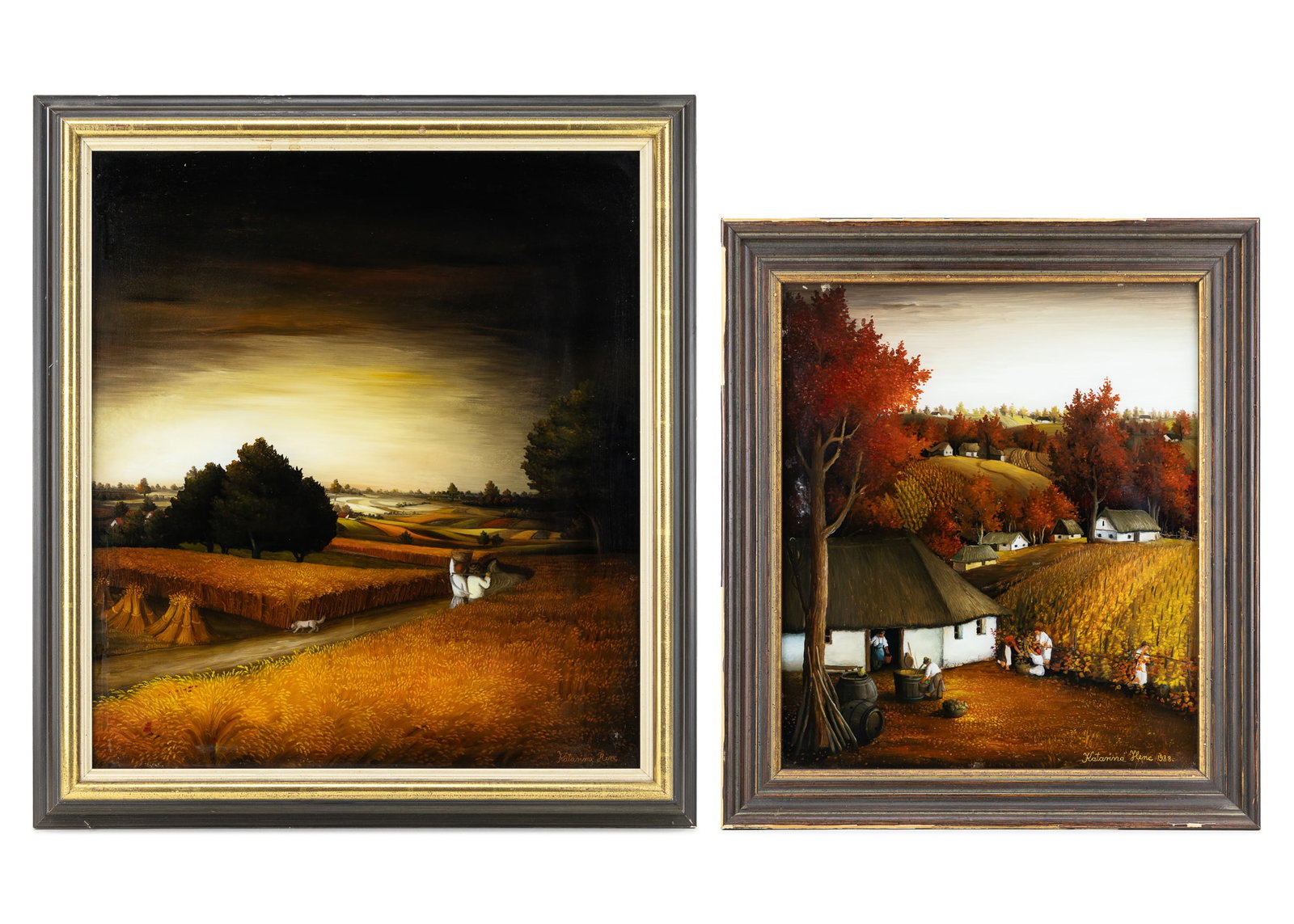 Katarina Henc (CR 1948-) Two Harvest Scenes: Katarina Henc (Croatian 1948-) Two Harvest Scenes- Eglomise/ reverse painted on glass- 21 x 19" and 17 x 14" as framed. both signed and dated 1988