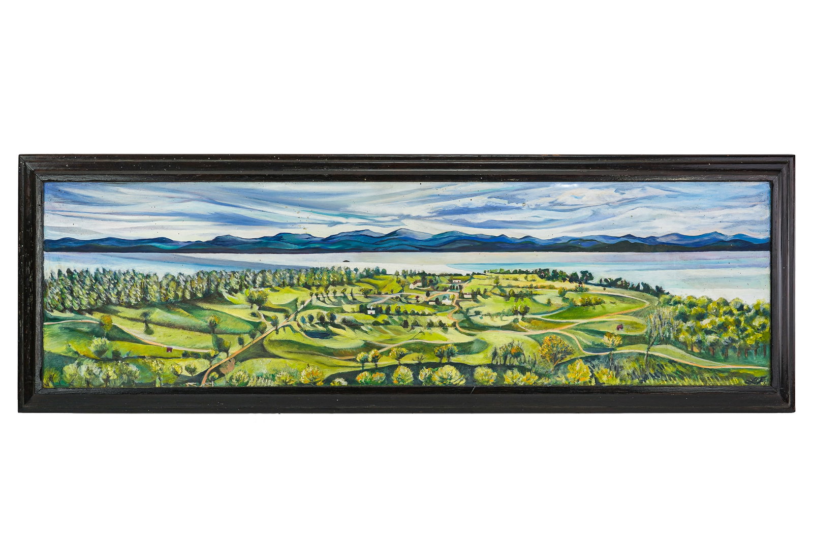 Oil on panel Champlain Valley Landscape: Contemporary oil on panel Champlain Valley landscape monogrammed LF 15 x 45" depicting Charlotte and Shelburne looking to the Adirondack Mountains.