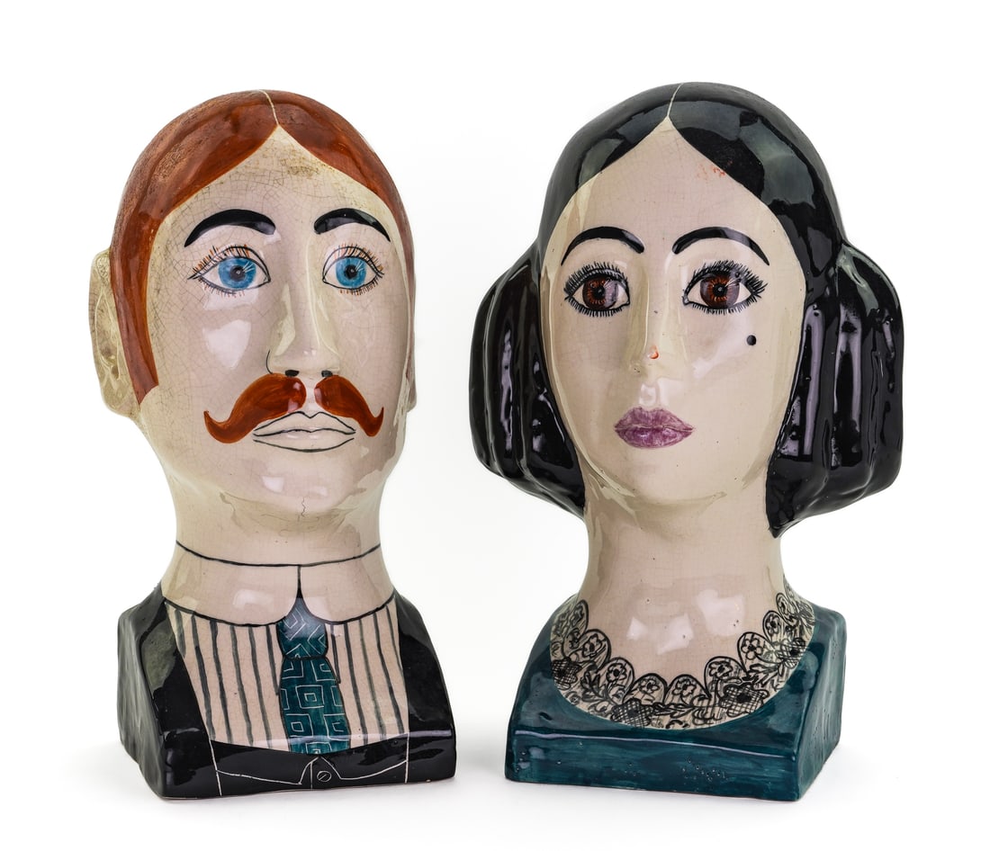 Toni Davidson Dodo Design Ceramic Busts: Pair of Toni Davidson & Alan D. Smith for Dodo Designs British Pop Art contemporary ceramic busts of an Edwardian era couple, one modelled in the form of a gentleman with moustache wearing a suit
