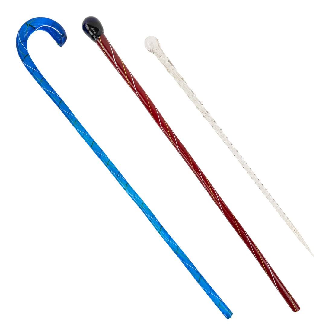 3 Art Glass Novelty Parade Canes: Group of 3 art glass novelty parade canes, one colorless with twisted design, the other in red baton form with white and green stripe, and another in aqua blue with arched handle also having white